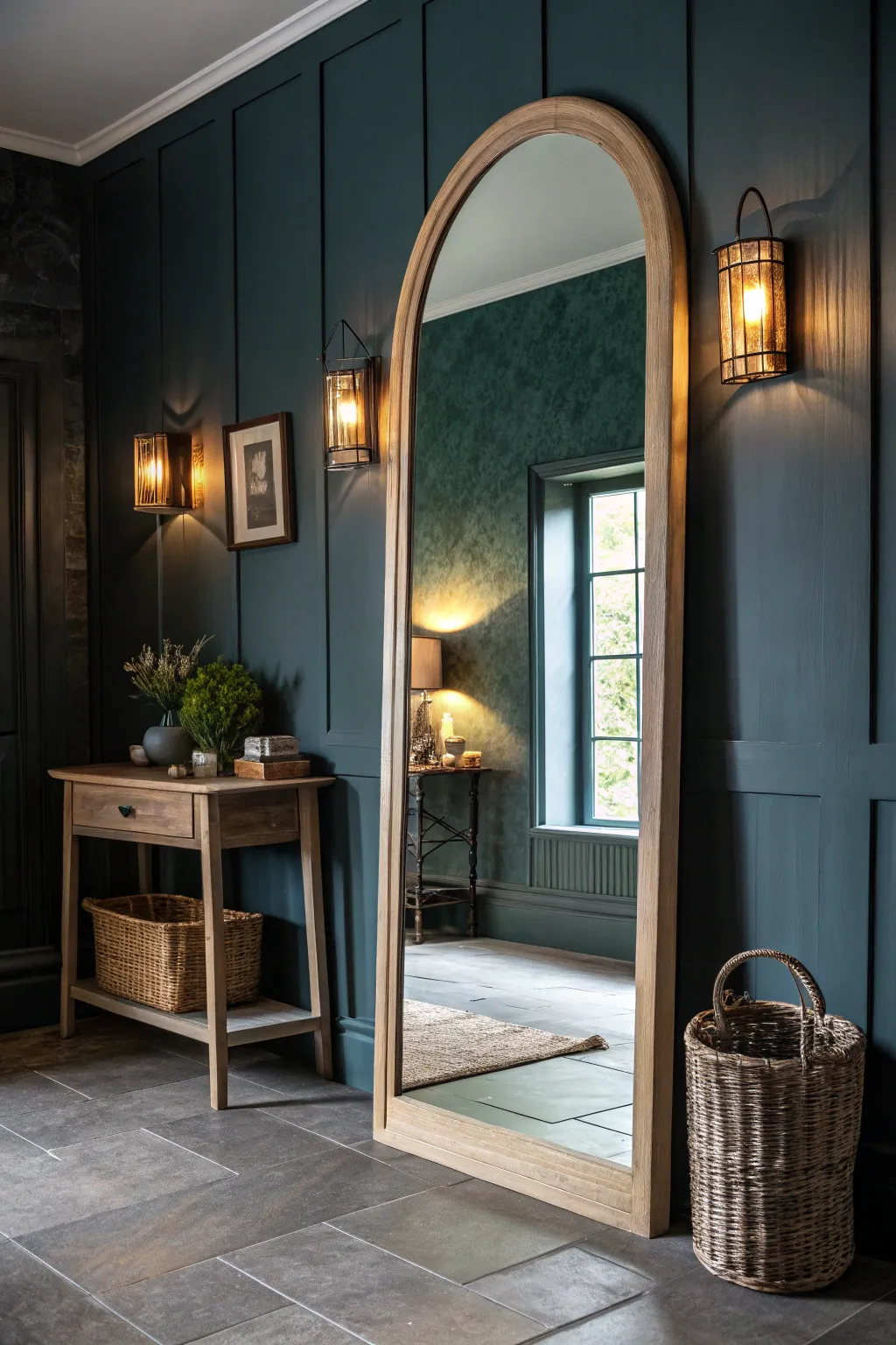 Moody inky-blue foyer paint + warm brass lighting, anchored by an oversized arched mirror.