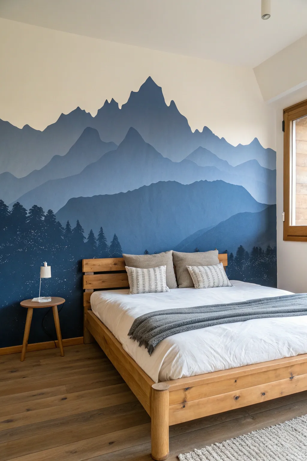 Freehand mountain silhouette mural that anchors a calm minimalist bedroom with boho warmth.