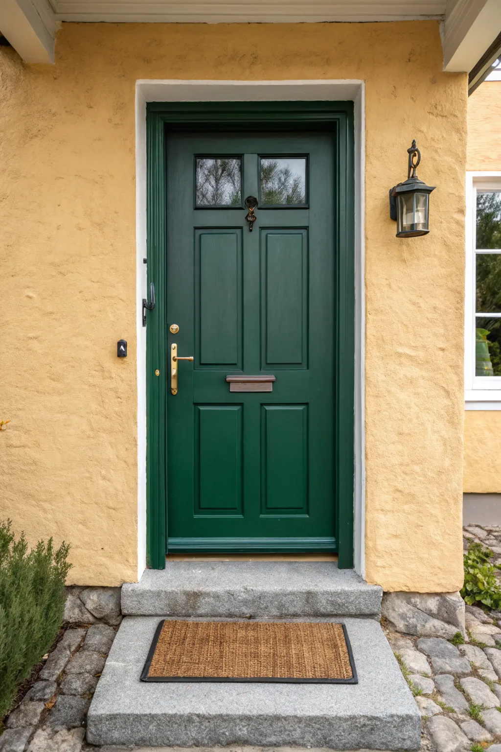 Deep forest green door with warm neutrals and brass accents for timeless heritage curb appeal