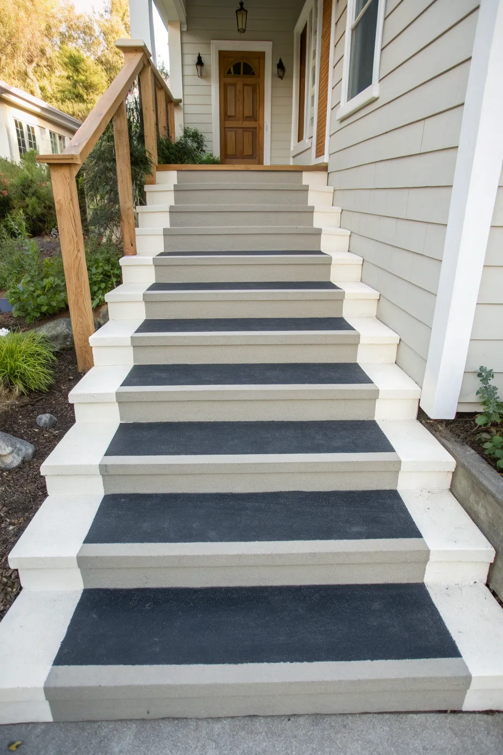 High-contrast painted stair runner on concrete steps for a crisp, modern porch upgrade