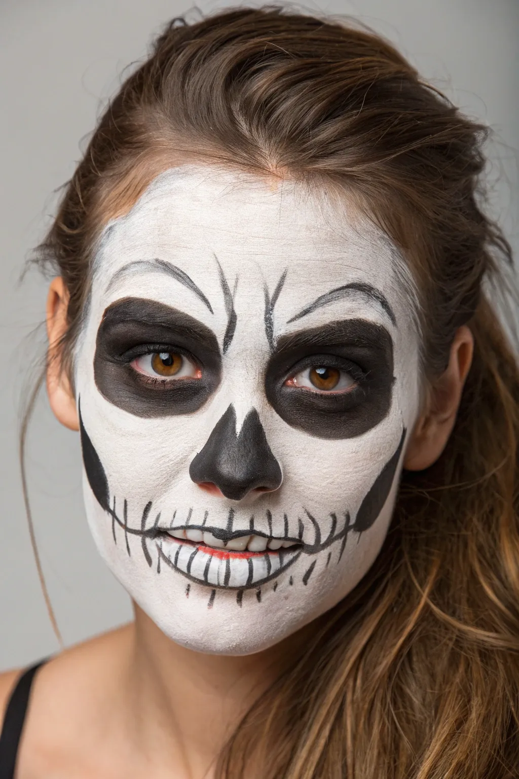 Skull overlay face paint with bold contour shading and crisp contrast on a clean minimalist backdrop