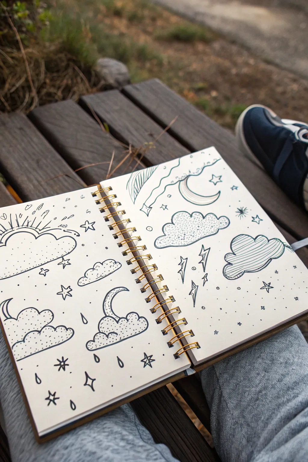 Full-page sky drawing idea: clouds, stars, moons, and weather swirls overflowing the page