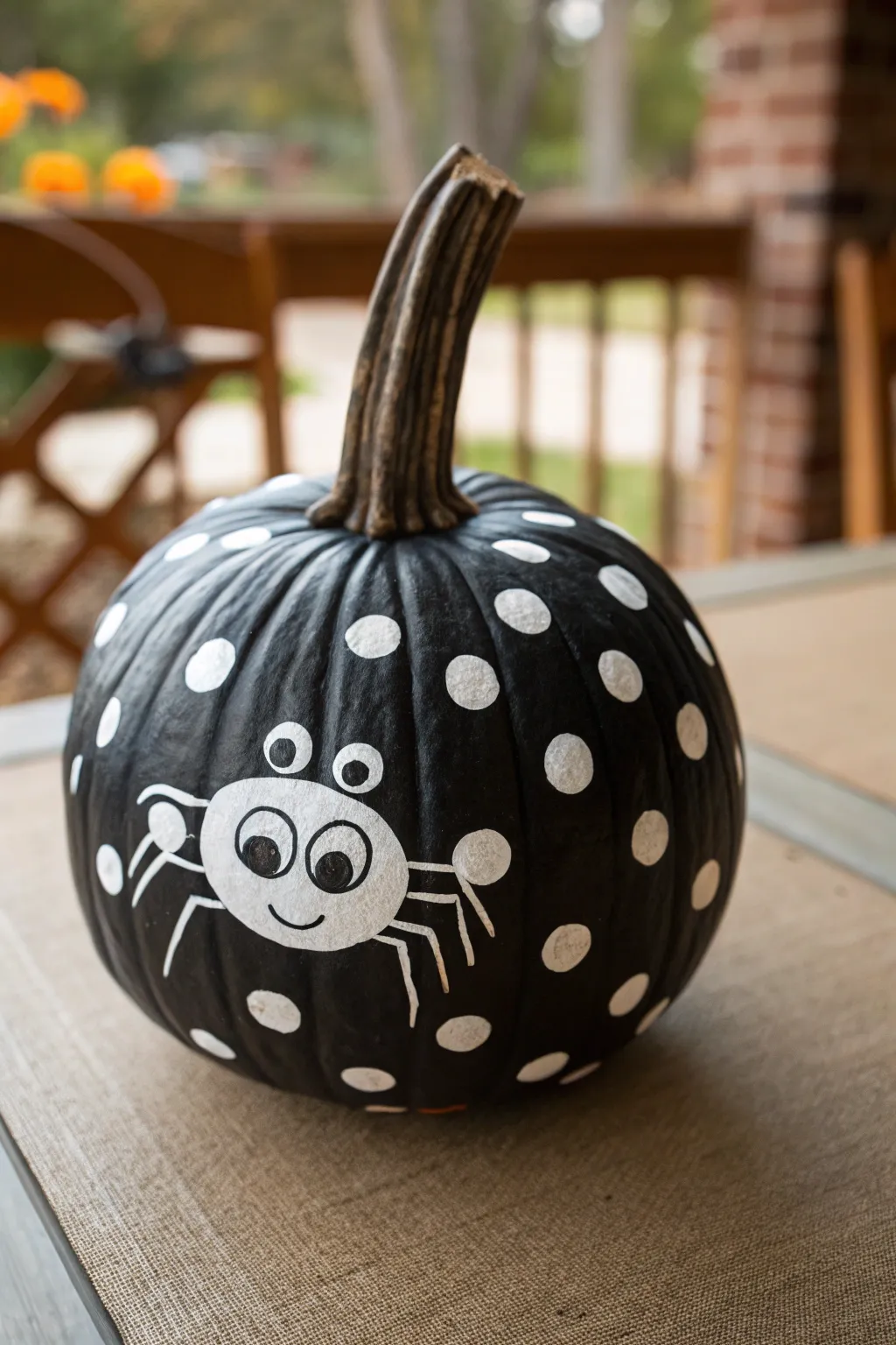 Bold polka dot spider pumpkin with playful pipe-cleaner legs in a chic minimalist setup