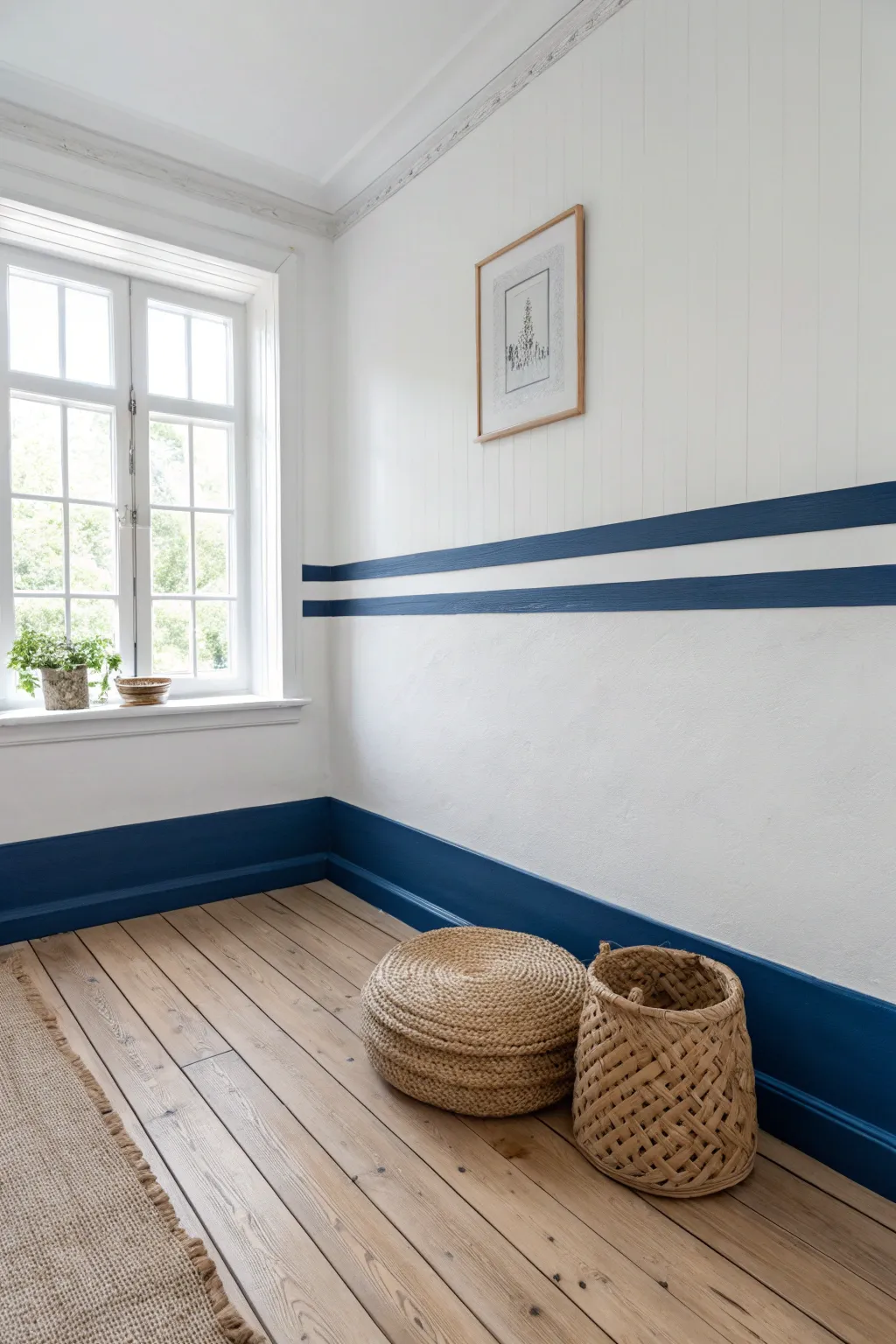 Run a bold painted stripe at shoulder height to wrap your room with instant modern drama.