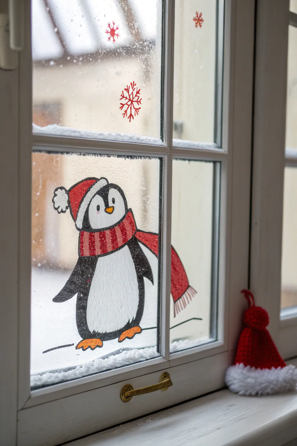 A clumsy penguin slip-and-slide window painting that adds cozy holiday humor in bold color