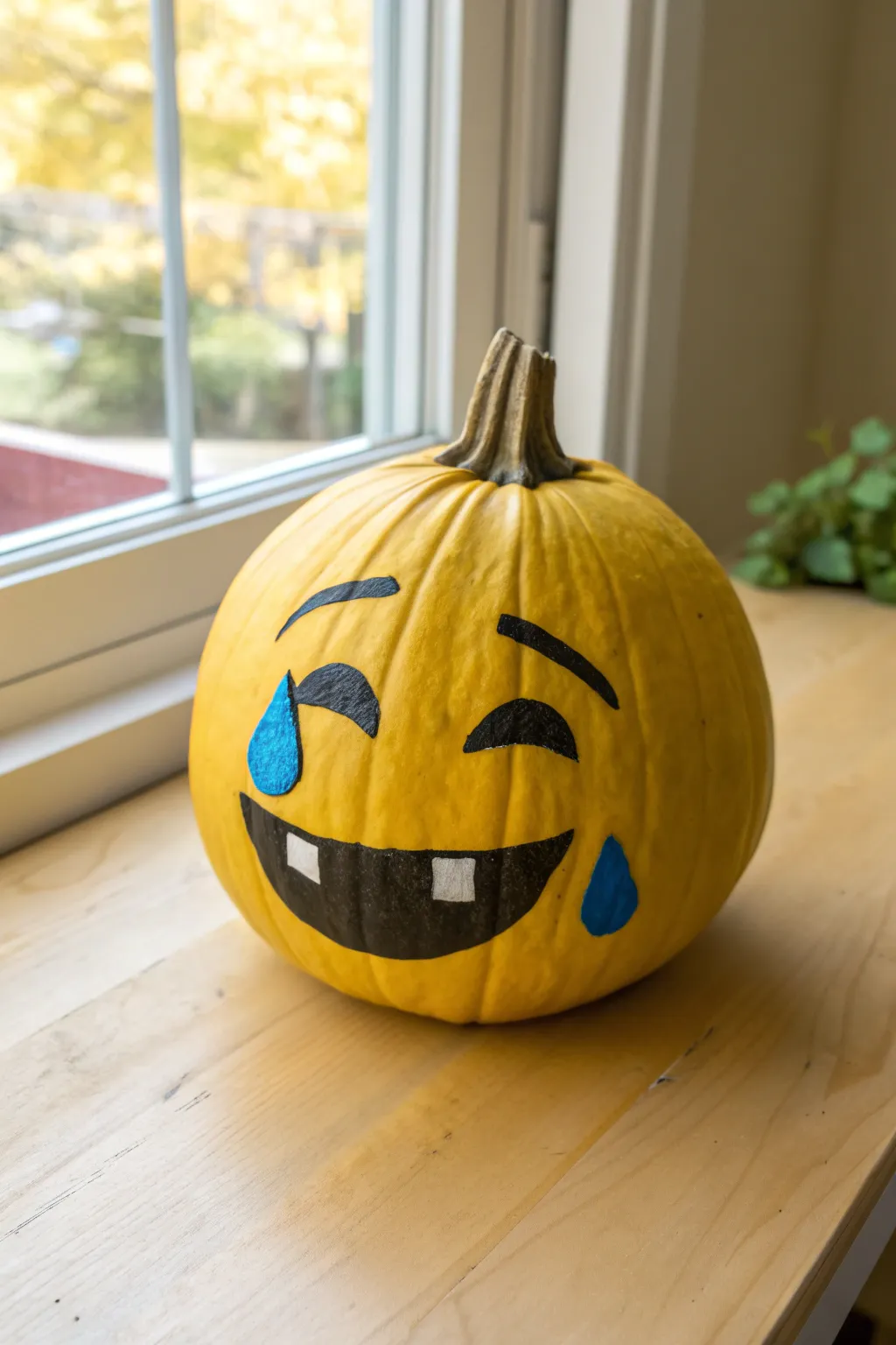 Paint a bright yellow laughing emoji pumpkin with tears of joy for the cutest funny fall decor.