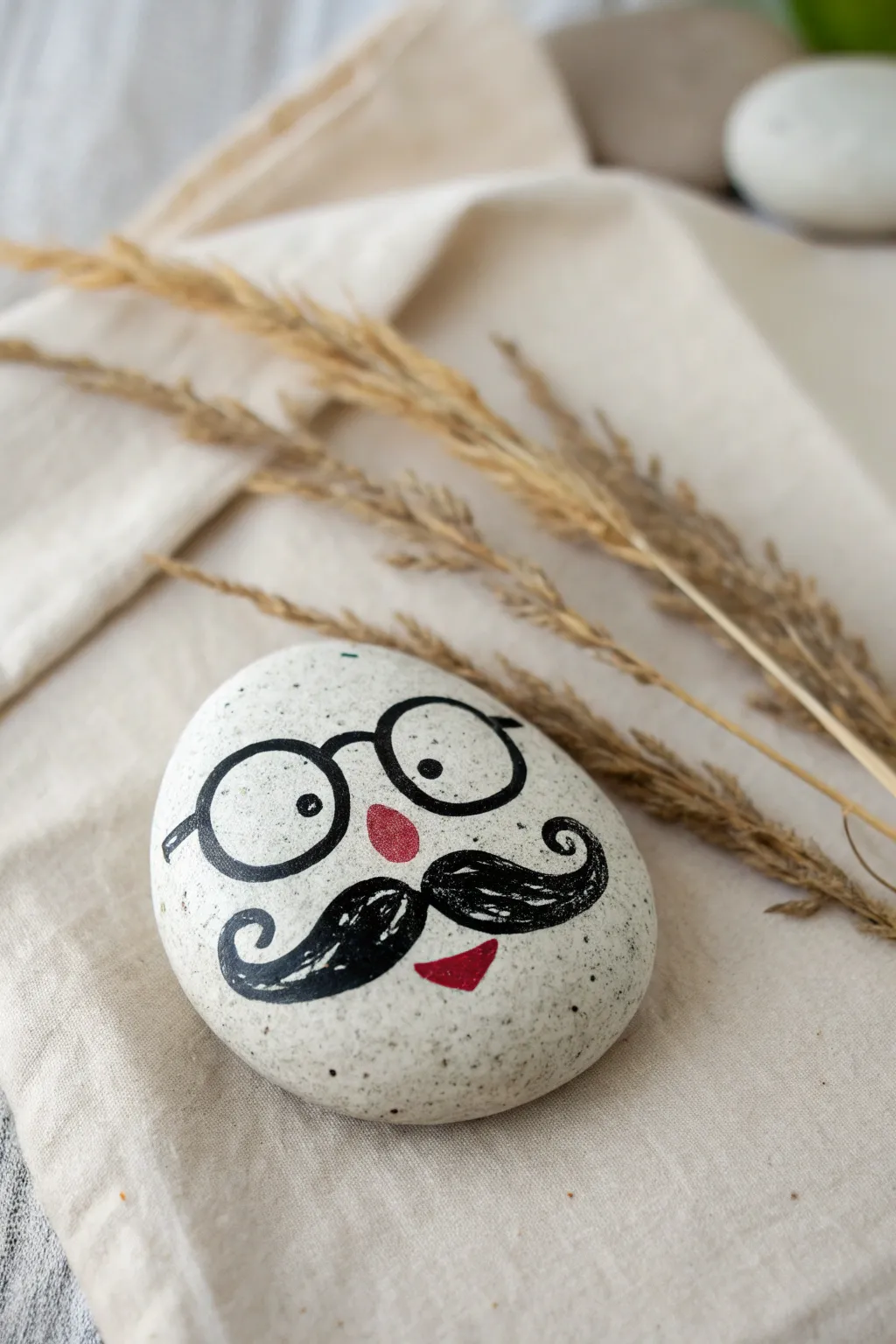 Tiny undercover rock with bold mustache and glasses, a playful DIY rock painting idea