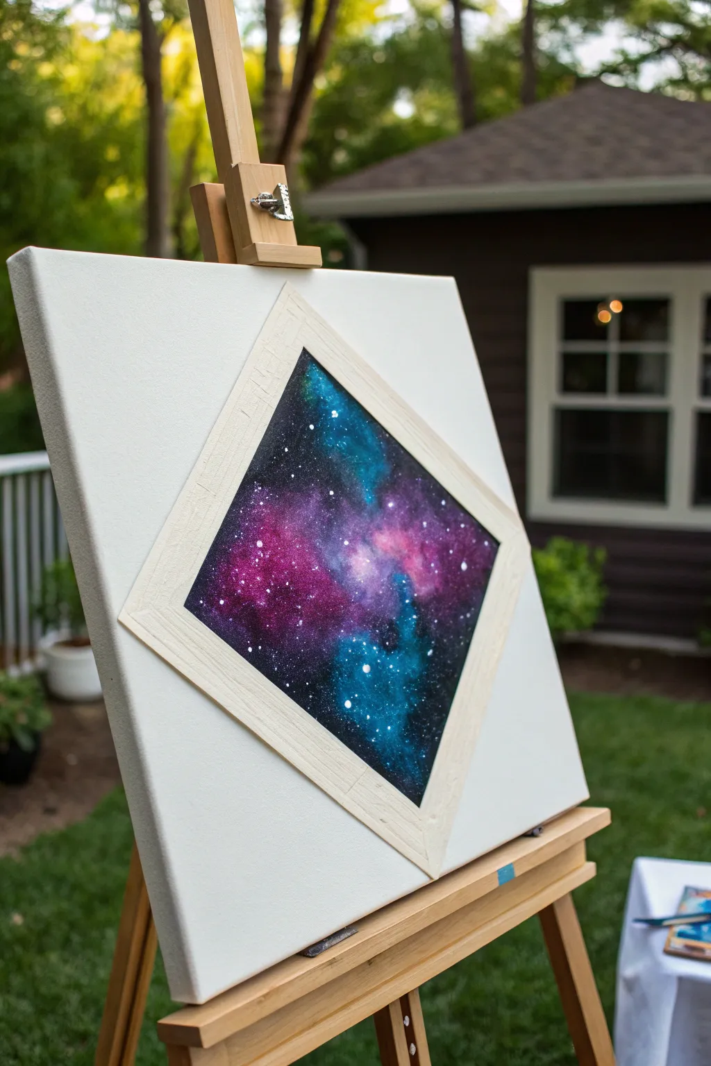 Crisp taped diamond window galaxy on canvas, bold nebula colors and clean minimalist contrast.