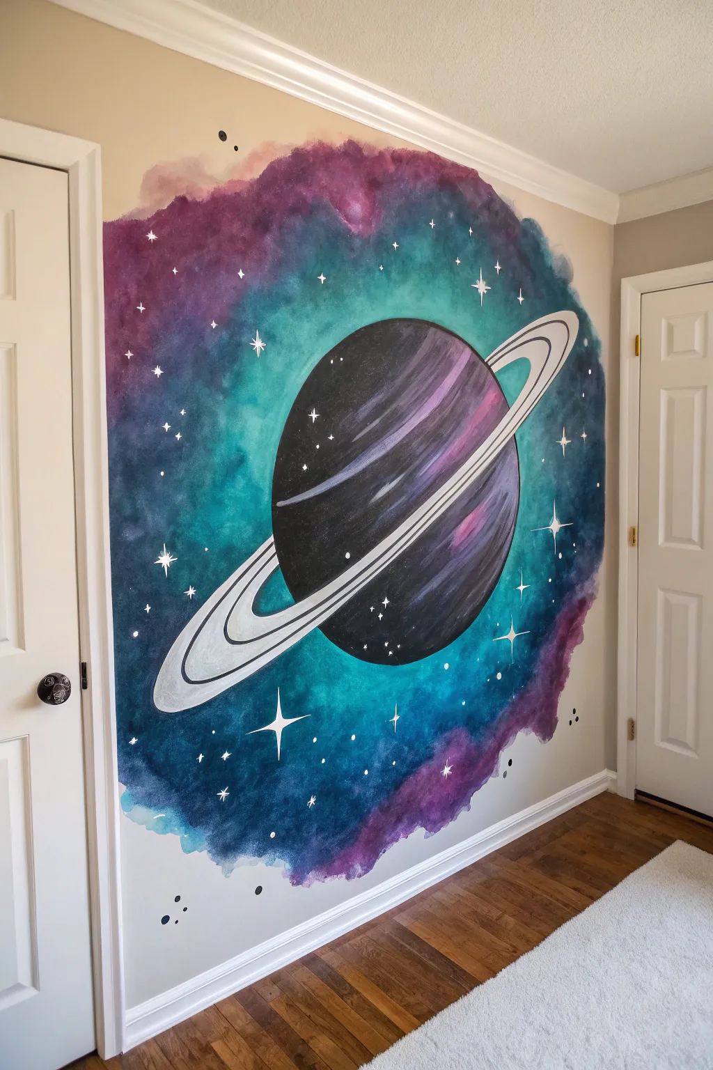 Bold ringed planet mural with vivid nebula clouds for a minimalist Scandinavian boho statement wall