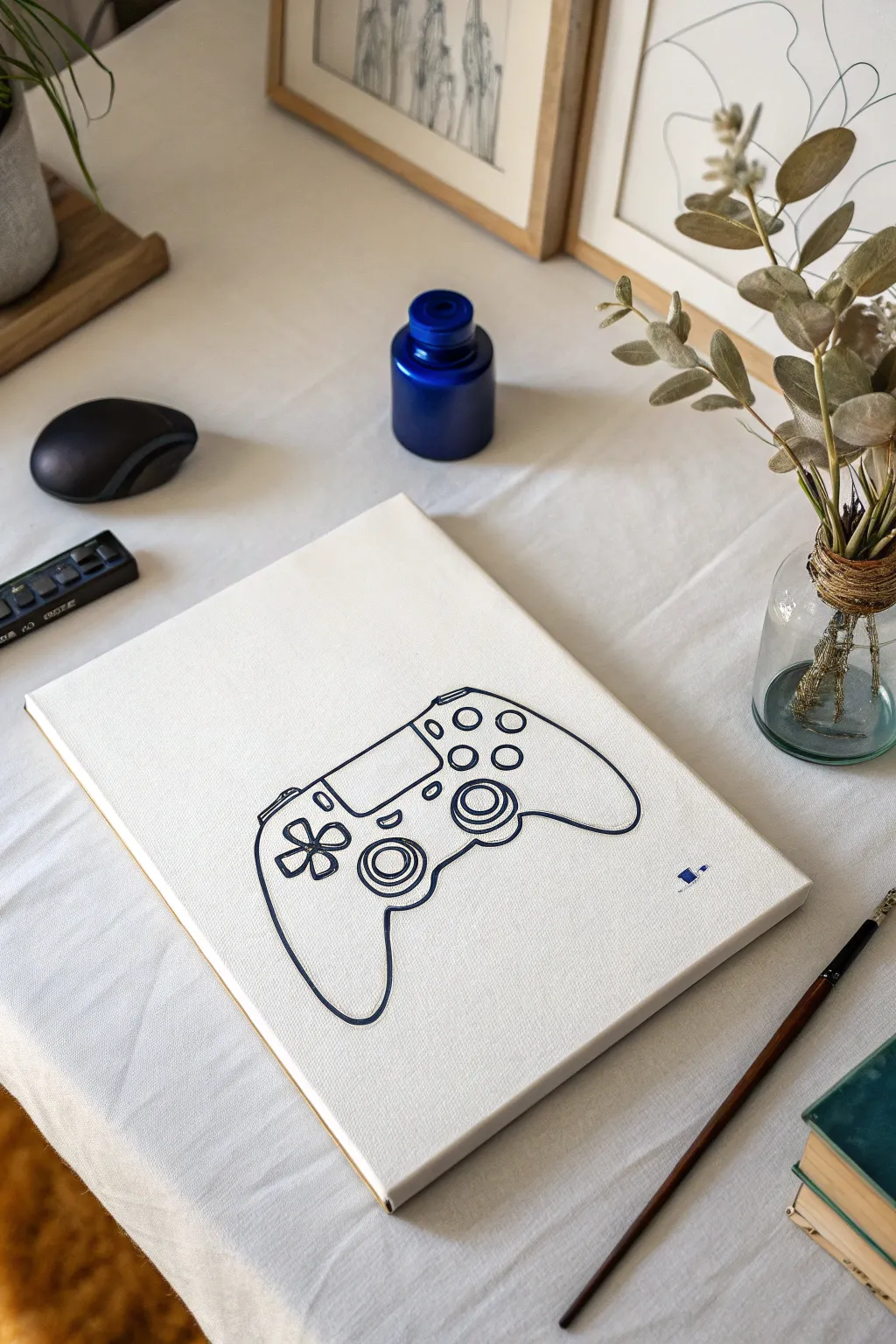 Minimal line art controller painting with one bold accent color for a calm modern gamer vibe