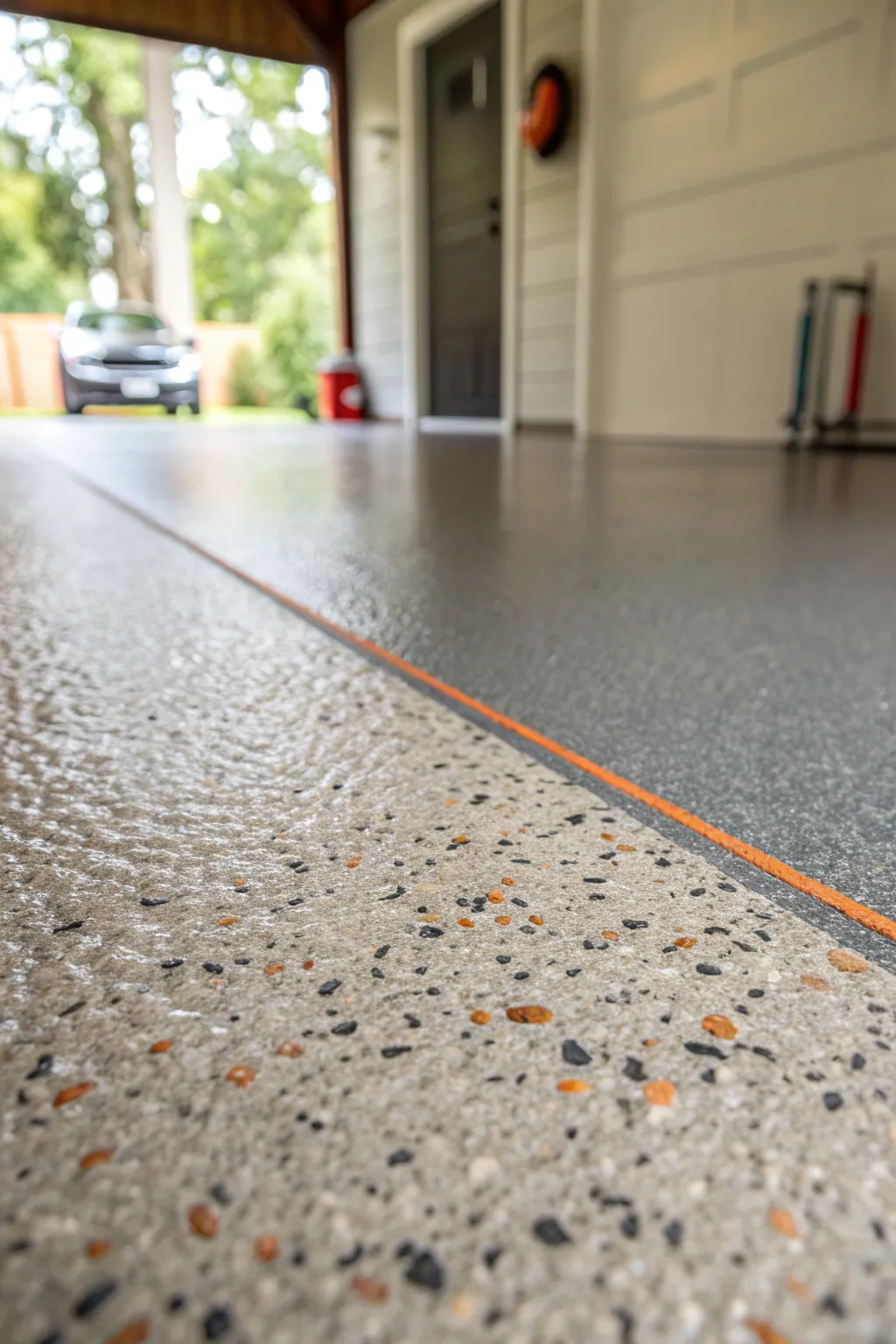Slip-resistant textured topcoat for garage floors, adding confident grip at the entry even when wet.