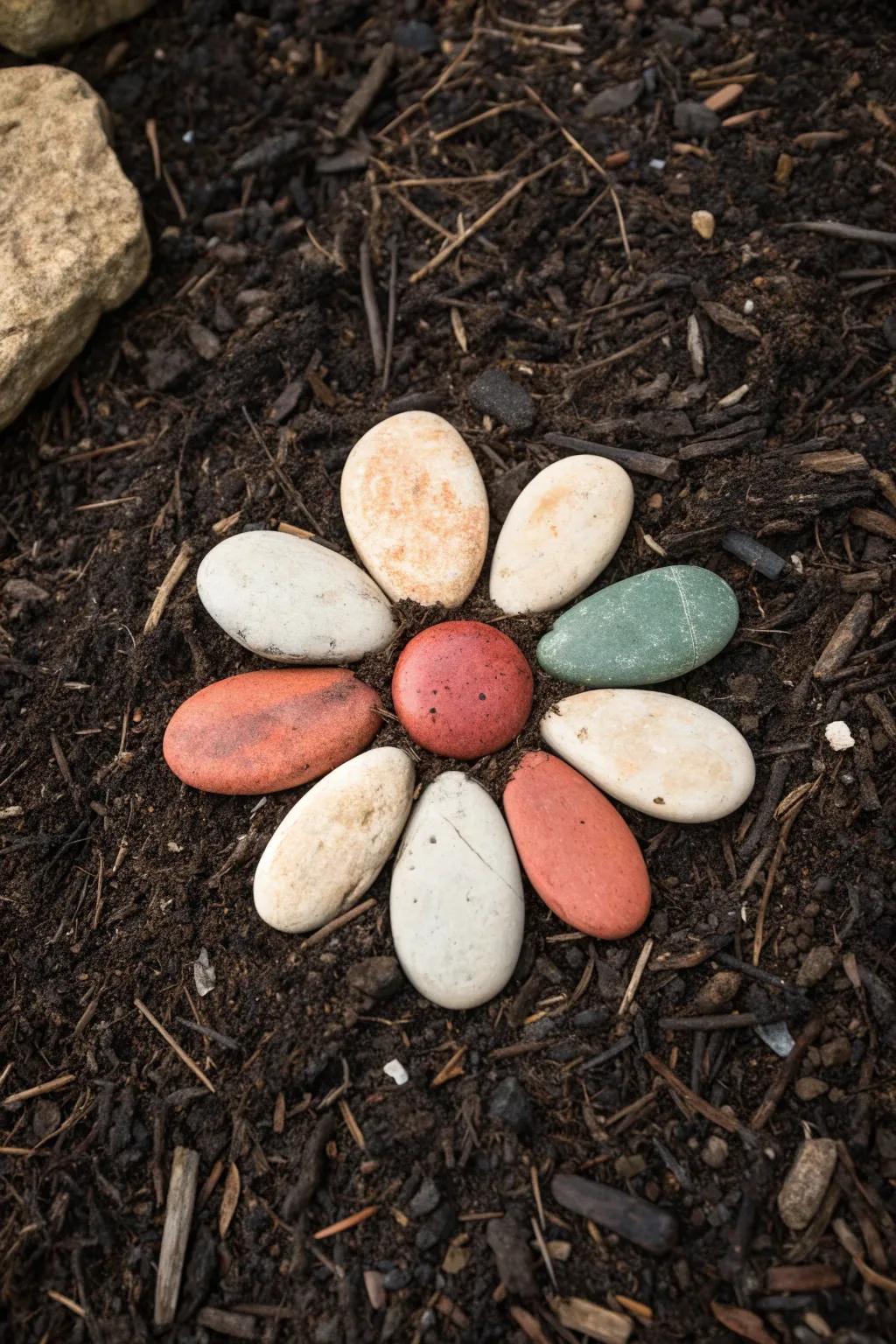 DIY stone daisy on mulch: minimalist river rock flower art with a bold painted center.