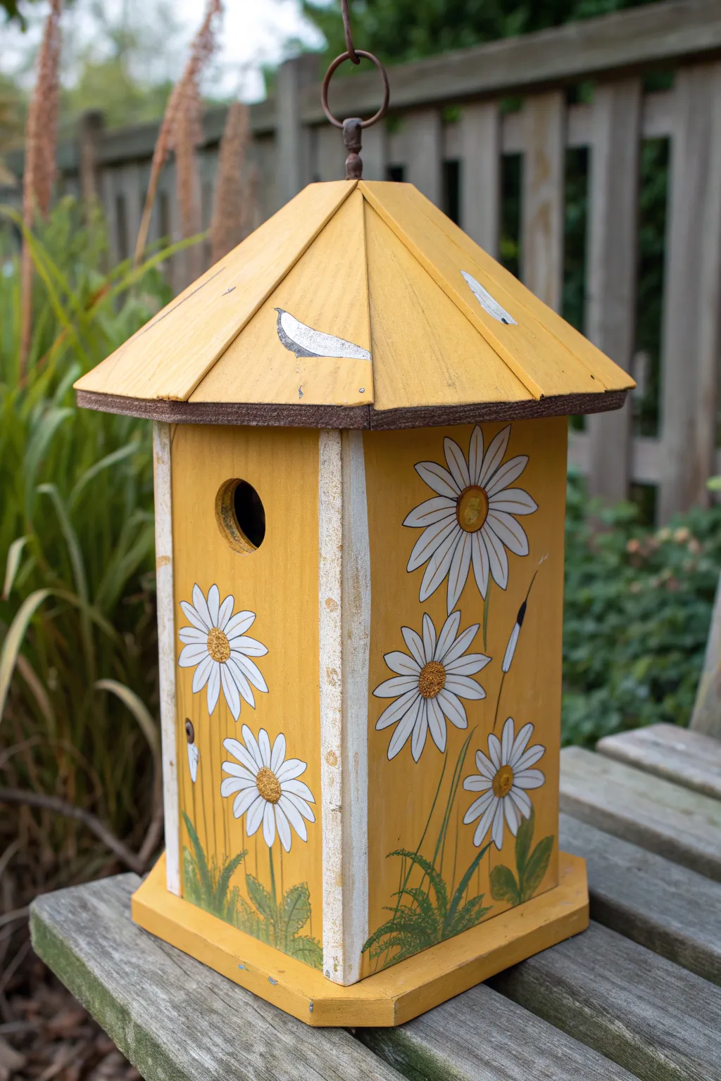 Bright daisy panels on a sunny gazebo birdhouse, framed by real blooms for garden charm.