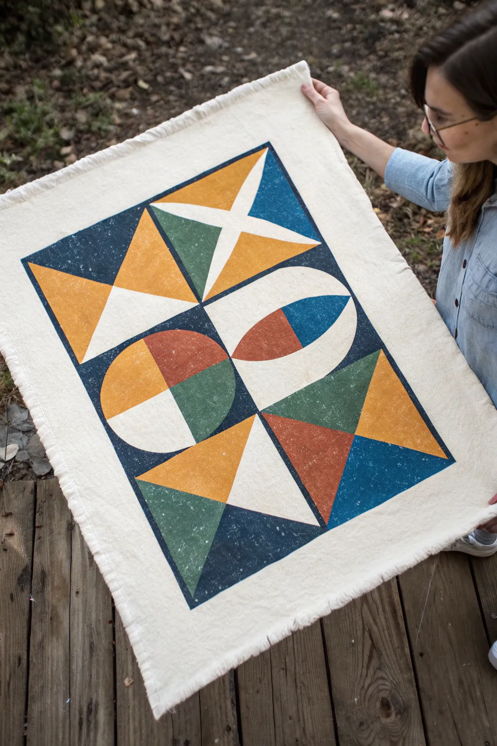 Asymmetrical floating shapes in bold color, minimal lines, and airy negative space for modern calm.