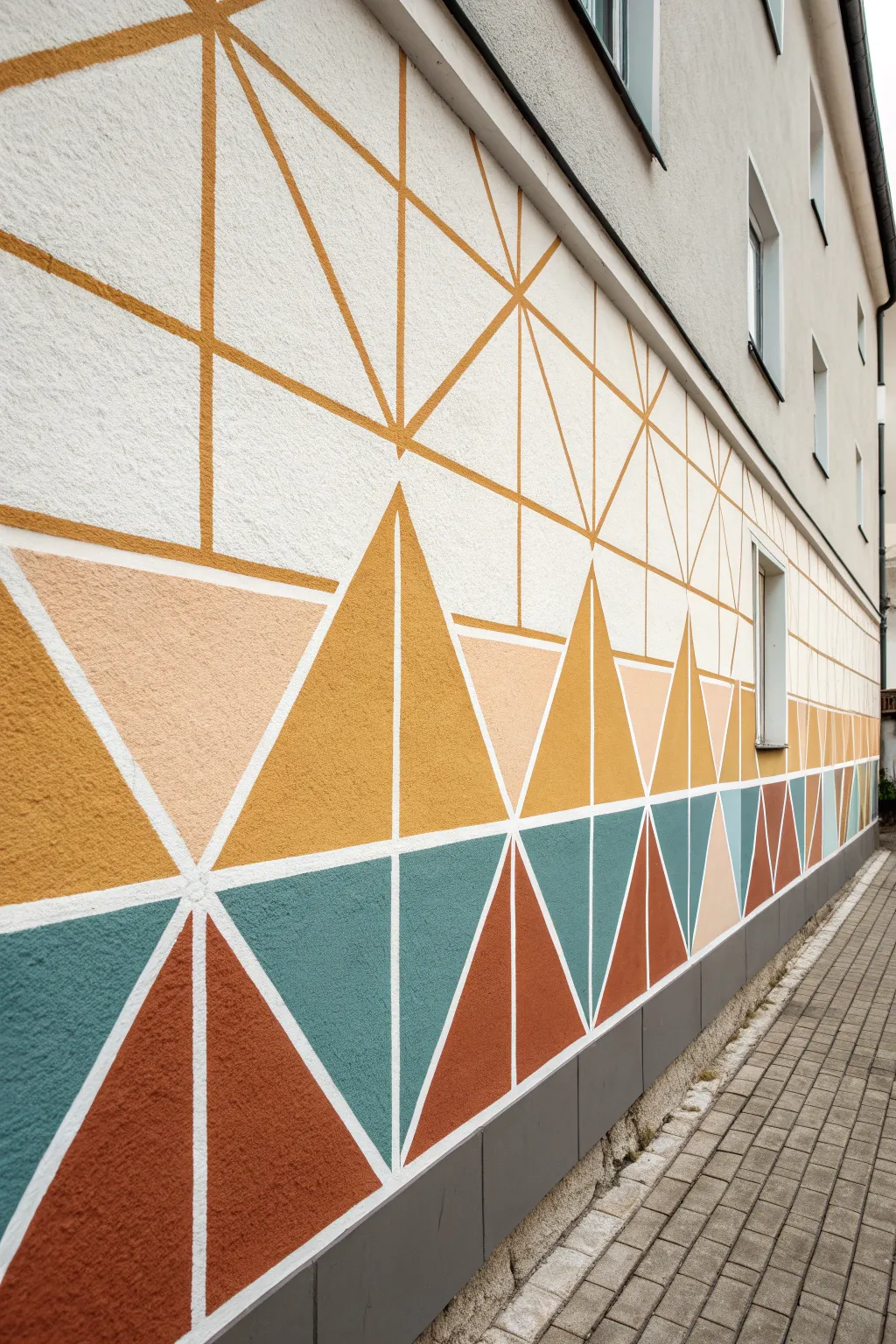 Tape-line grid wall in soft neutrals with bold color pops for a crisp geometric look