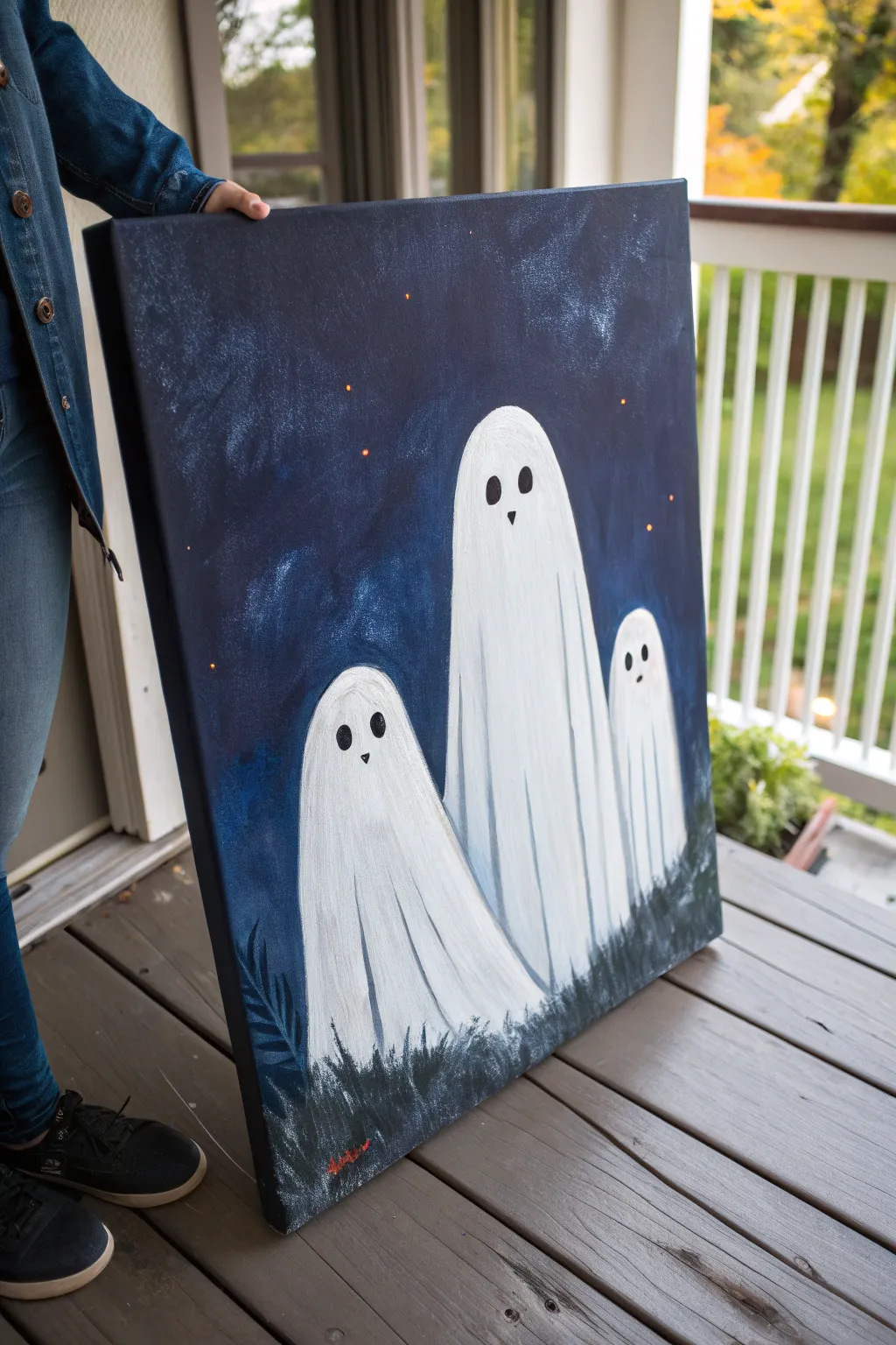 Minimalist ghost family canvas art in bold boho tones, perfect for cozy Halloween decor.
