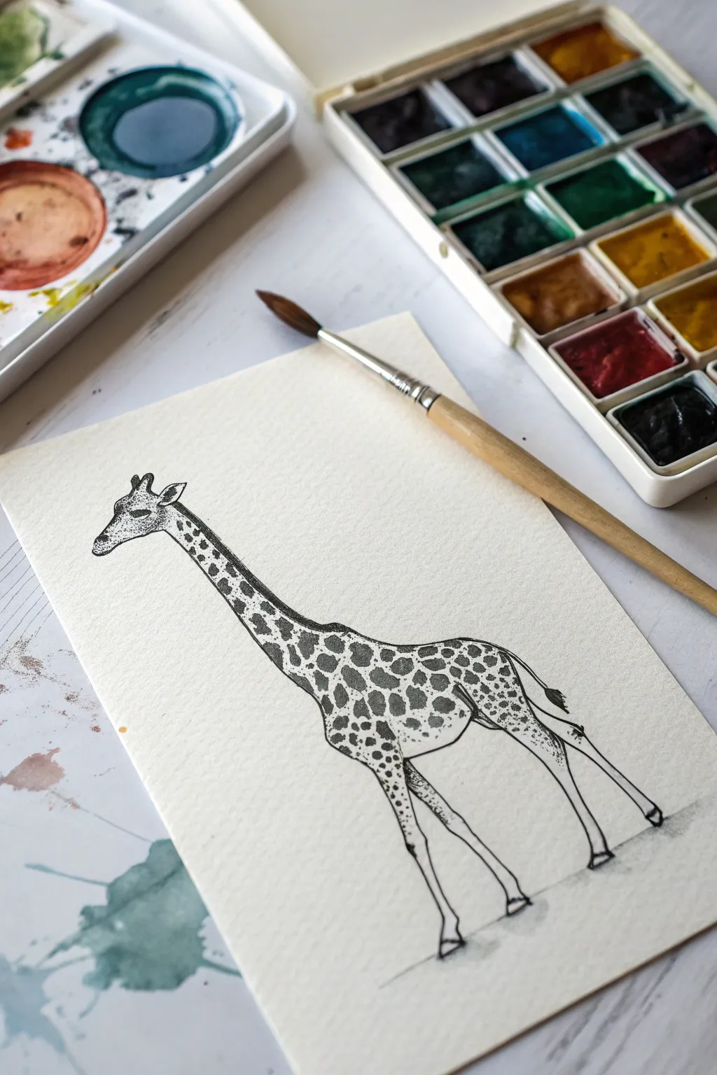 Wet-on-wet watercolor giraffe: simple outline, bold blooms, and soft dreamy color transitions.