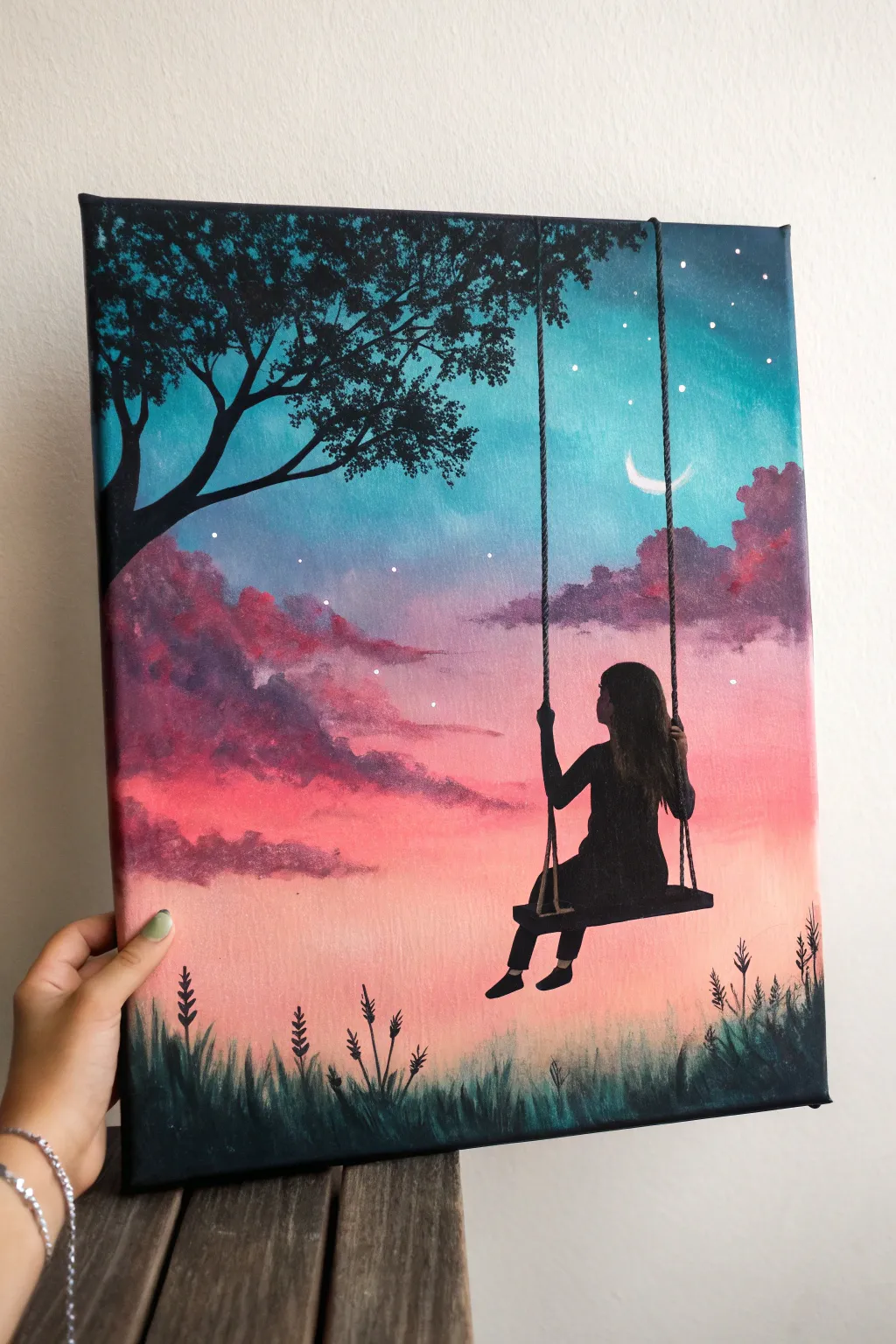 Silhouette swing girl on a bold sunset gradient sky, minimalist canvas art with boho calm.