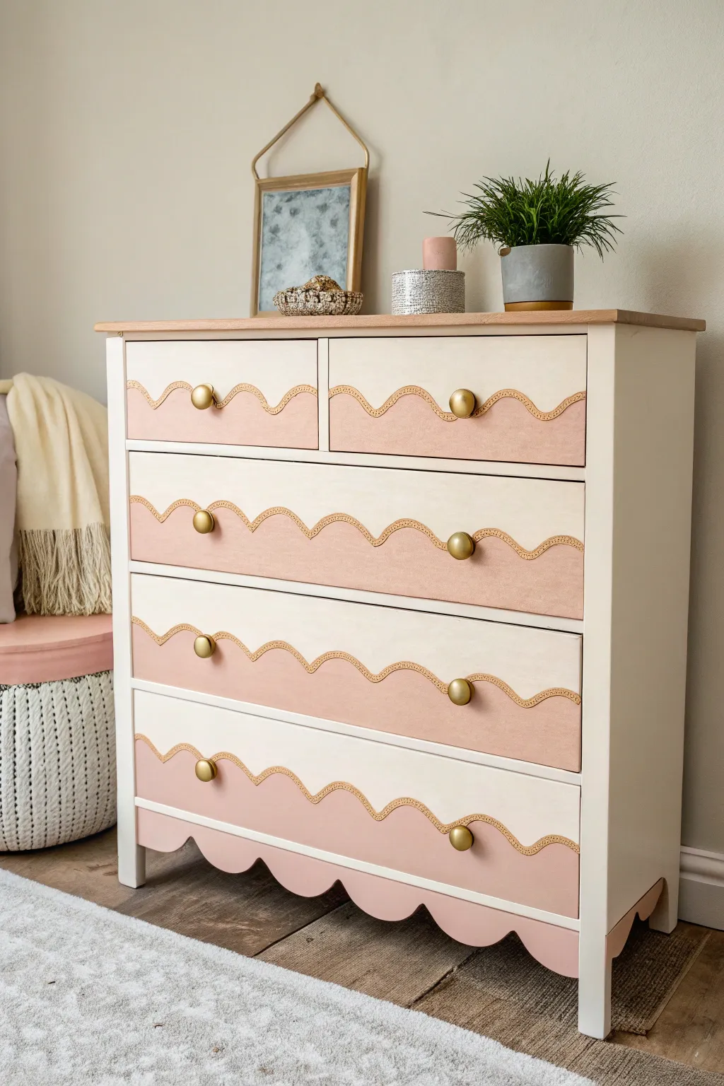 Soft scallop-edge girl dresser in ivory and dusty rose, Scandinavian minimal with a hint of boho charm