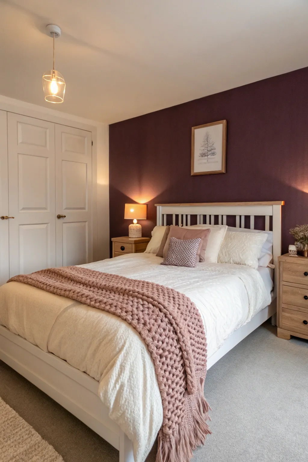 Moody plum accent wall behind a cozy minimal bed makes a girls room feel warm and chic