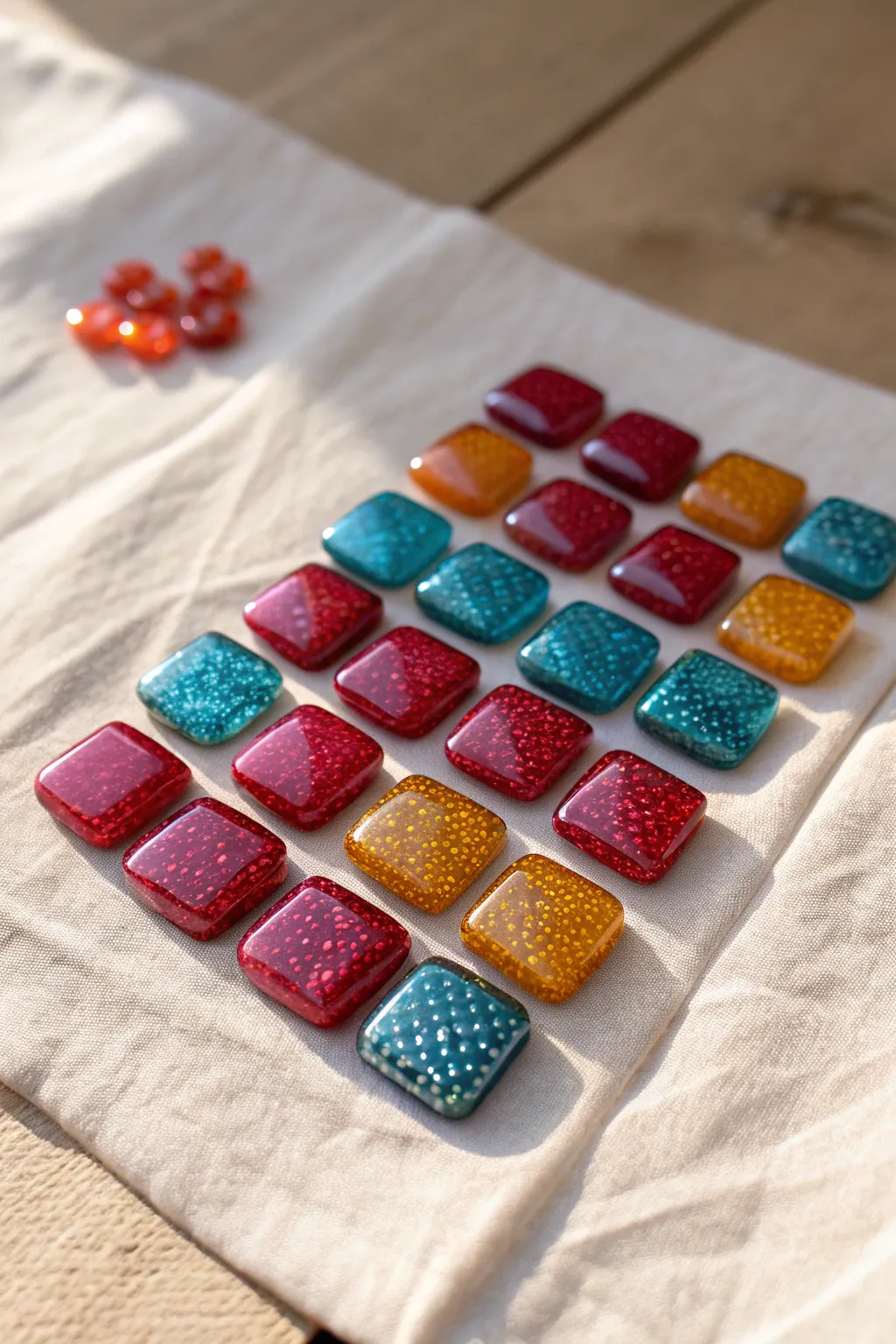 Vibrant fused glass mini magnets with raised texture and glossy shine in a clean minimal grid