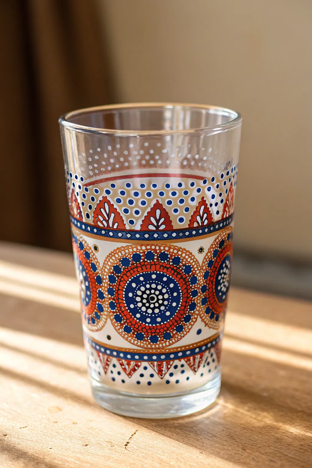 Mandala dot-art band on a clear glass cup, bold boho colors with clean minimalist styling.