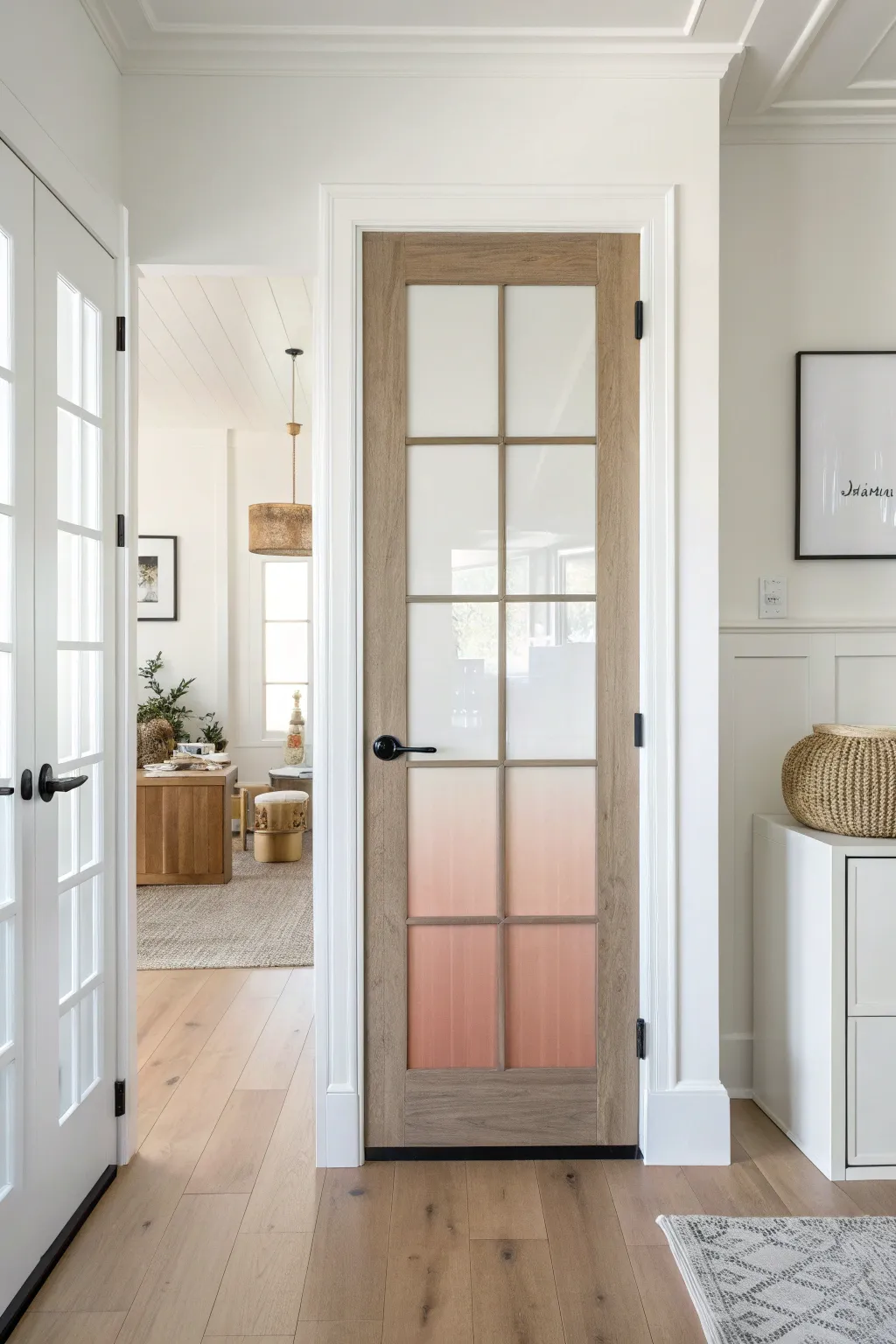 Soft ombre glass door paint: frosted blush at eye level fading to clear for light and coverage