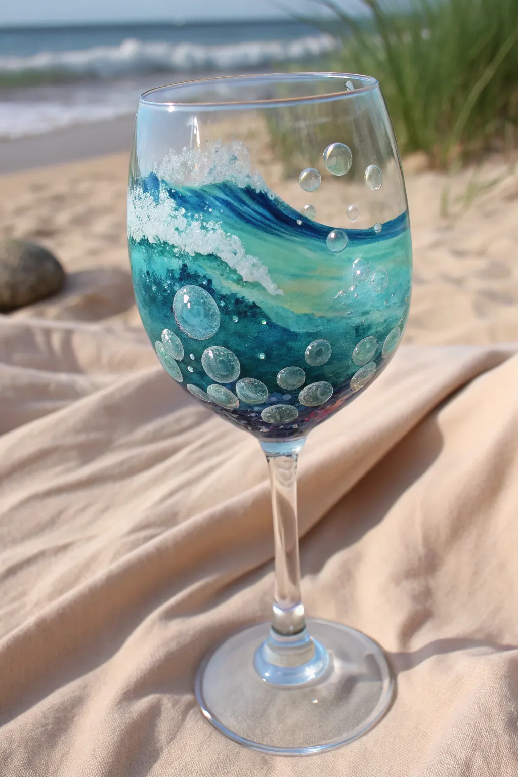 Hand-painted wine glass with ocean waves and airy bubbles in bold blue-green shimmer