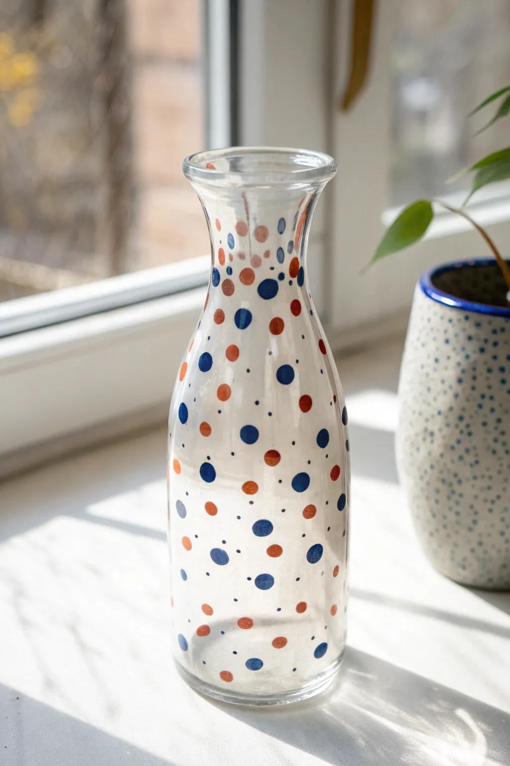 Hand-painted polka dot glass vase with confetti speckles in bold boho colors, minimalist style