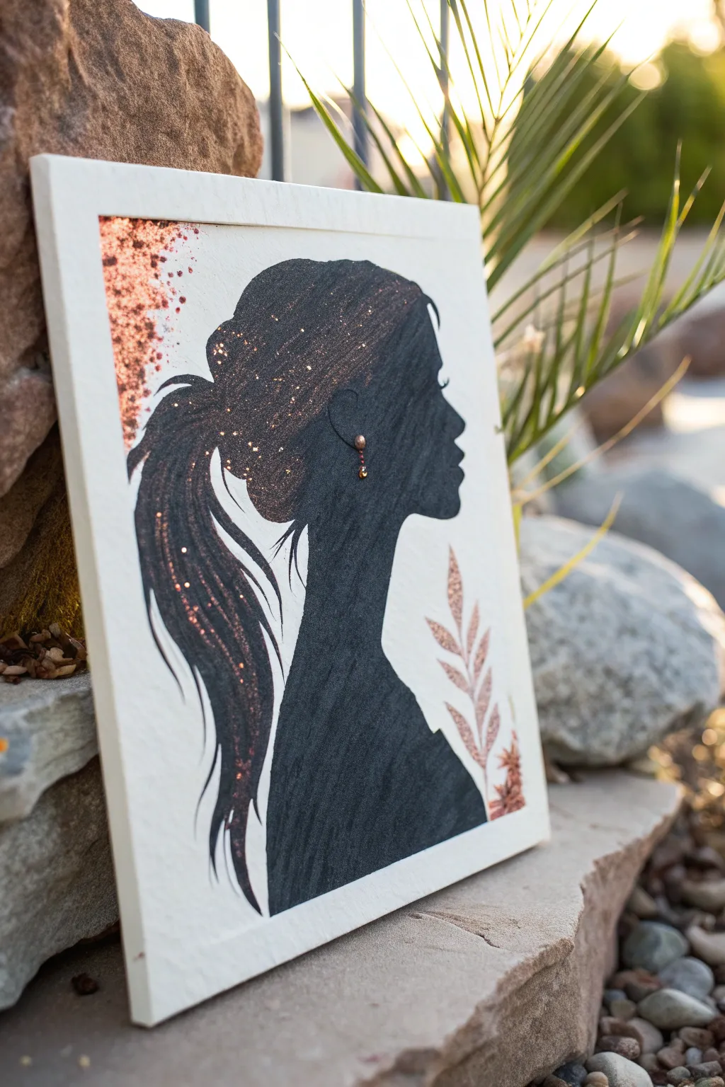 Minimalist silhouette art with flowing copper and rose-gold glitter hair for bold contrast