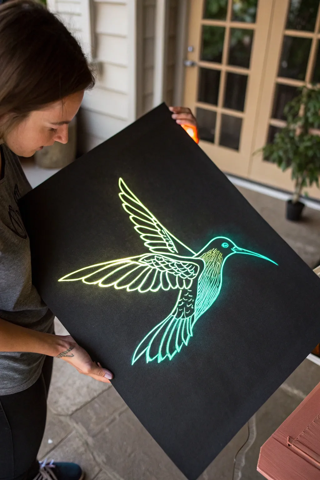 Easy glow trail hummingbird outline that shines brightest in the wings when the lights go out.