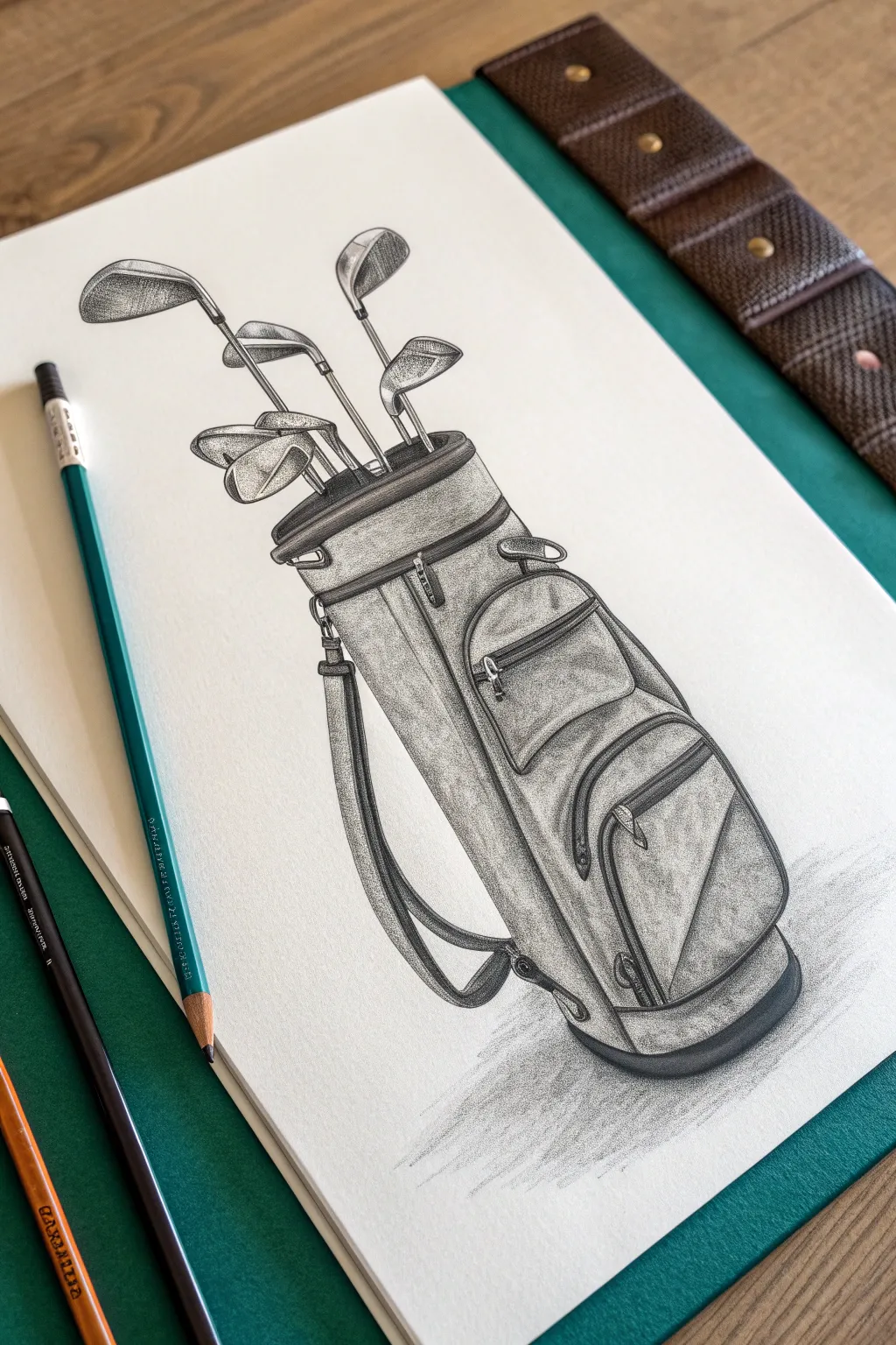 High-contrast pencil sketch of a golf bag and clubs with minimalist Scandinavian, boho color pop.