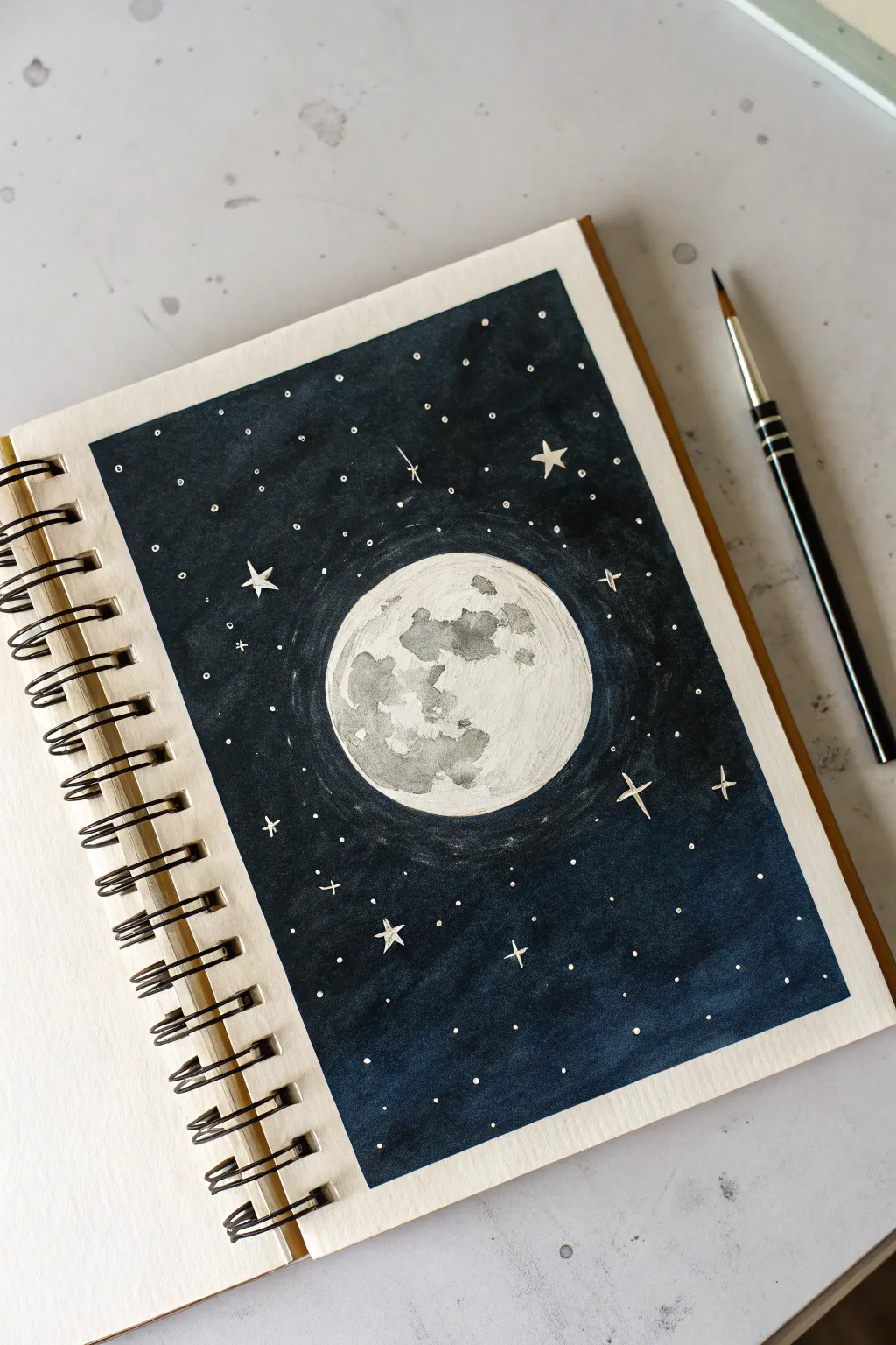 High-contrast moon and stars sketch in minimalist Scandinavian style, bold and calming.