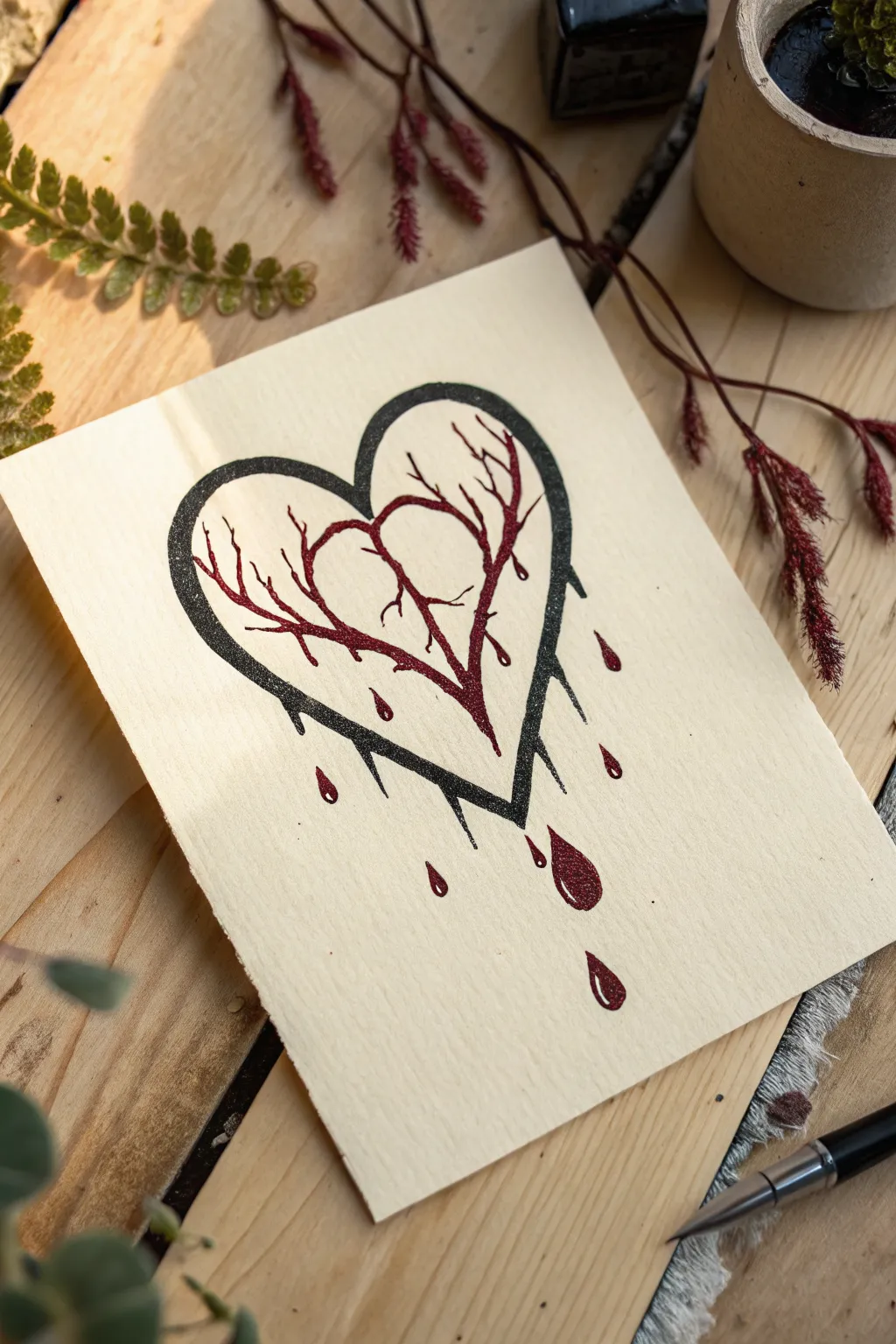 Minimal dripping heart icon in black and deep burgundy, perfect for simple goth drawing ideas