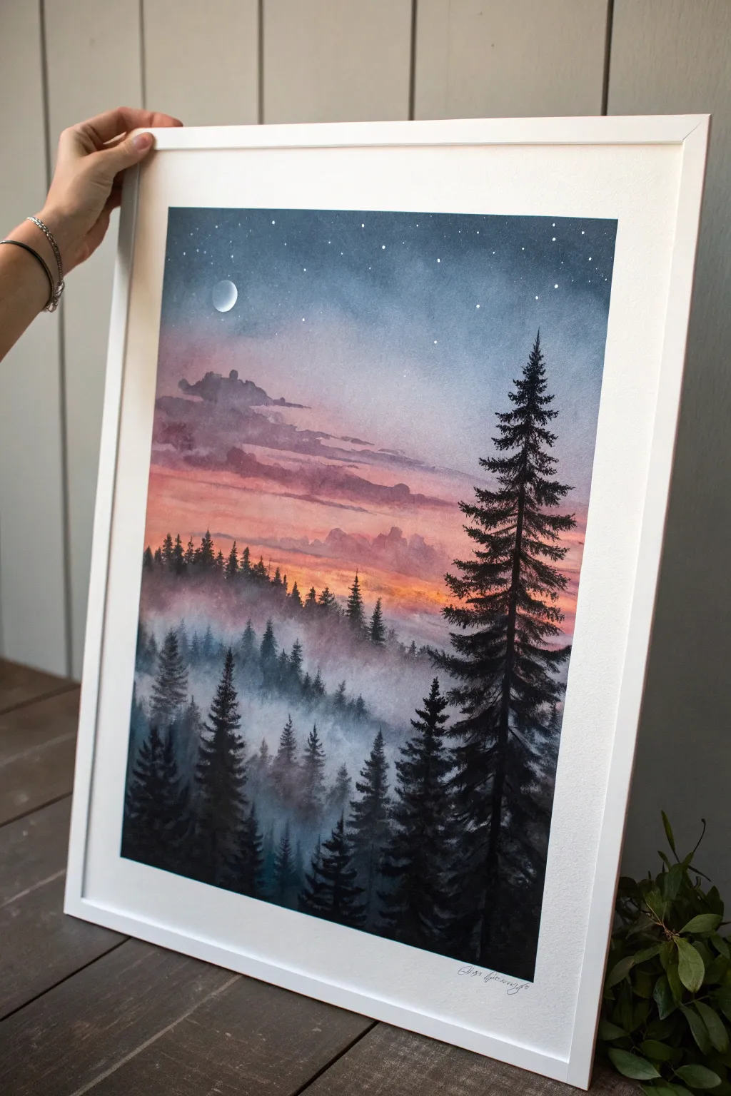 Misty pine silhouettes in matte gouache, glowing dusk gradient and calm foggy layers
