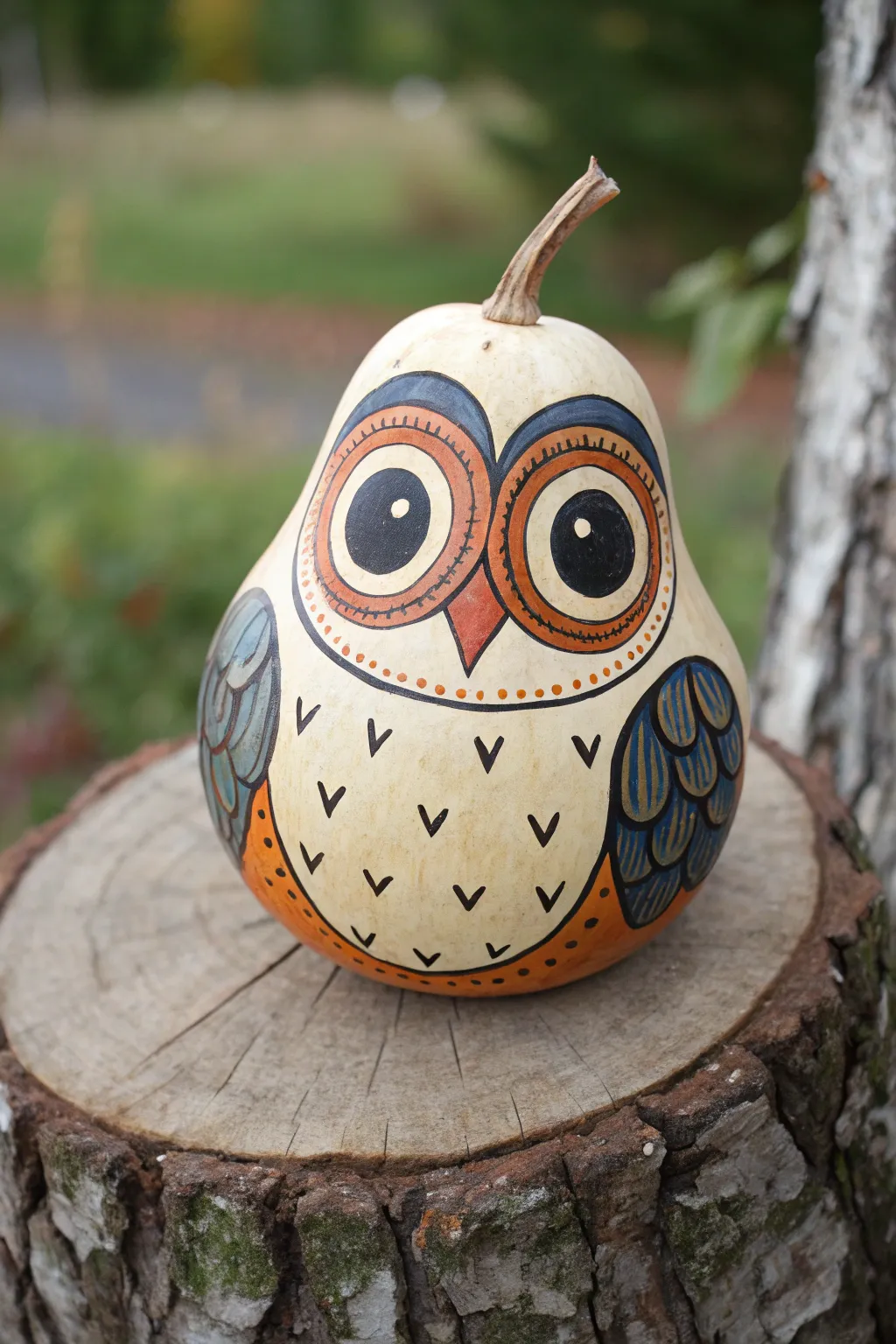 Wide-eyed owl gourd with bold colors and clean Nordic-boho styling, perfectly centered and crisp