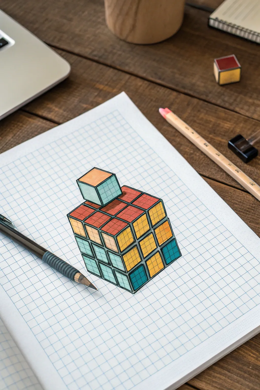 Stacked isometric cubes on graph paper, bold boho colors and crisp grid-aligned shadows.