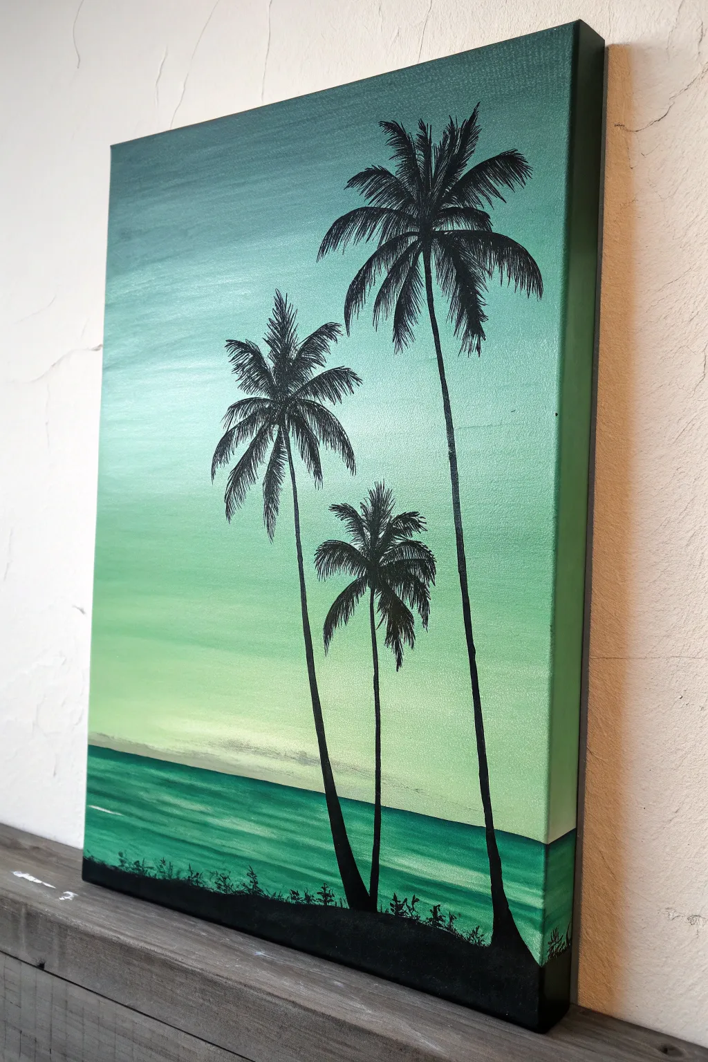 Palm tree silhouettes in a lime-to-teal green sunset gradient, minimal yet bold painting inspiration