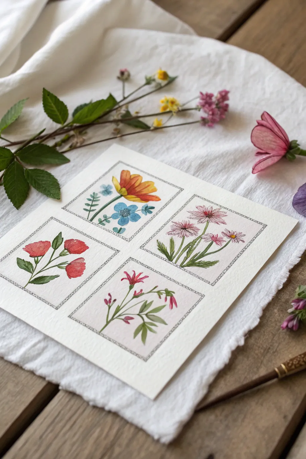Flower-a-day mini grid tiles in vibrant watercolor, a cheerful sampler for minimalist walls.