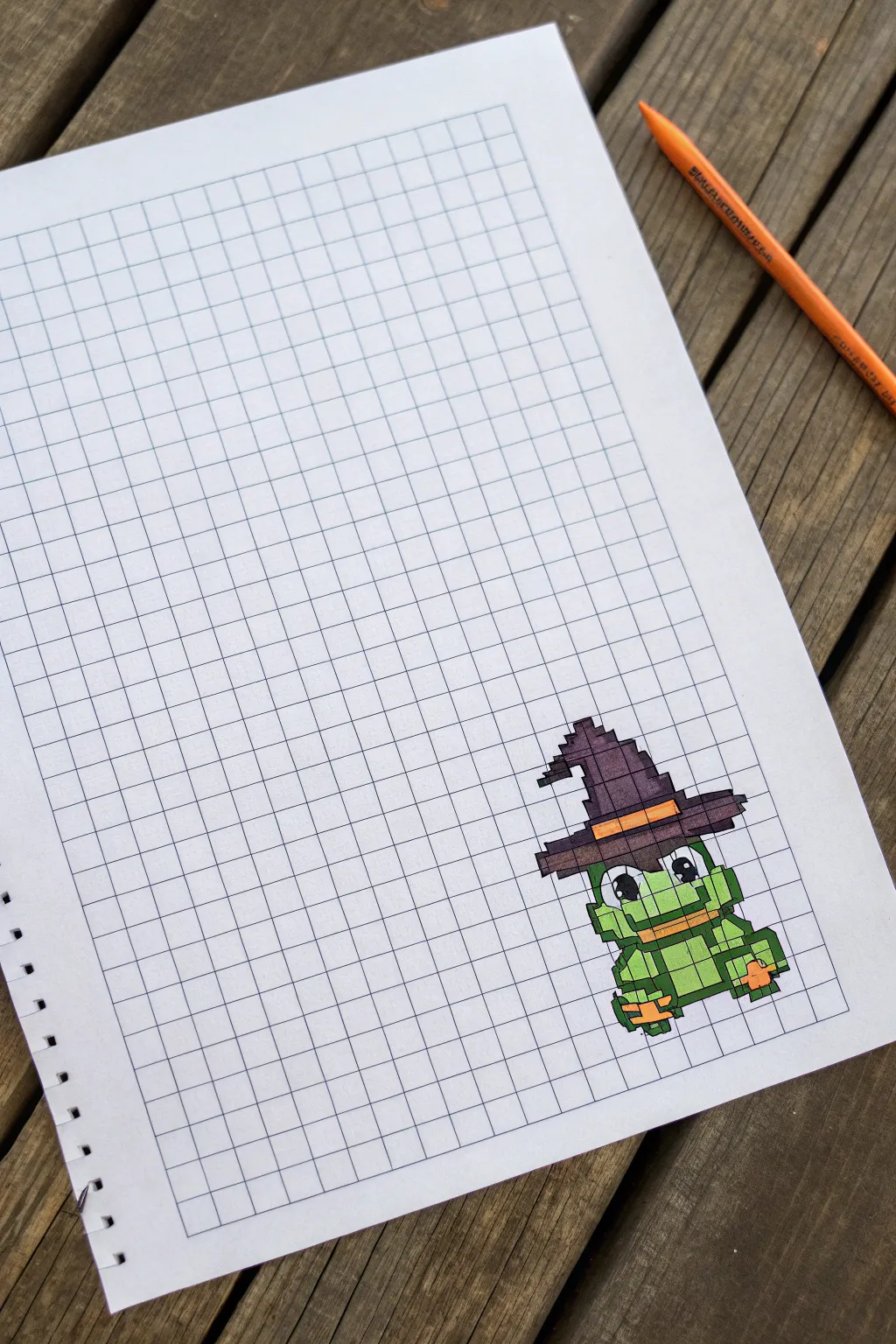 Seasonal pixel art frog in a witch hat on graph paper, clean blocks, bold outline, high contrast