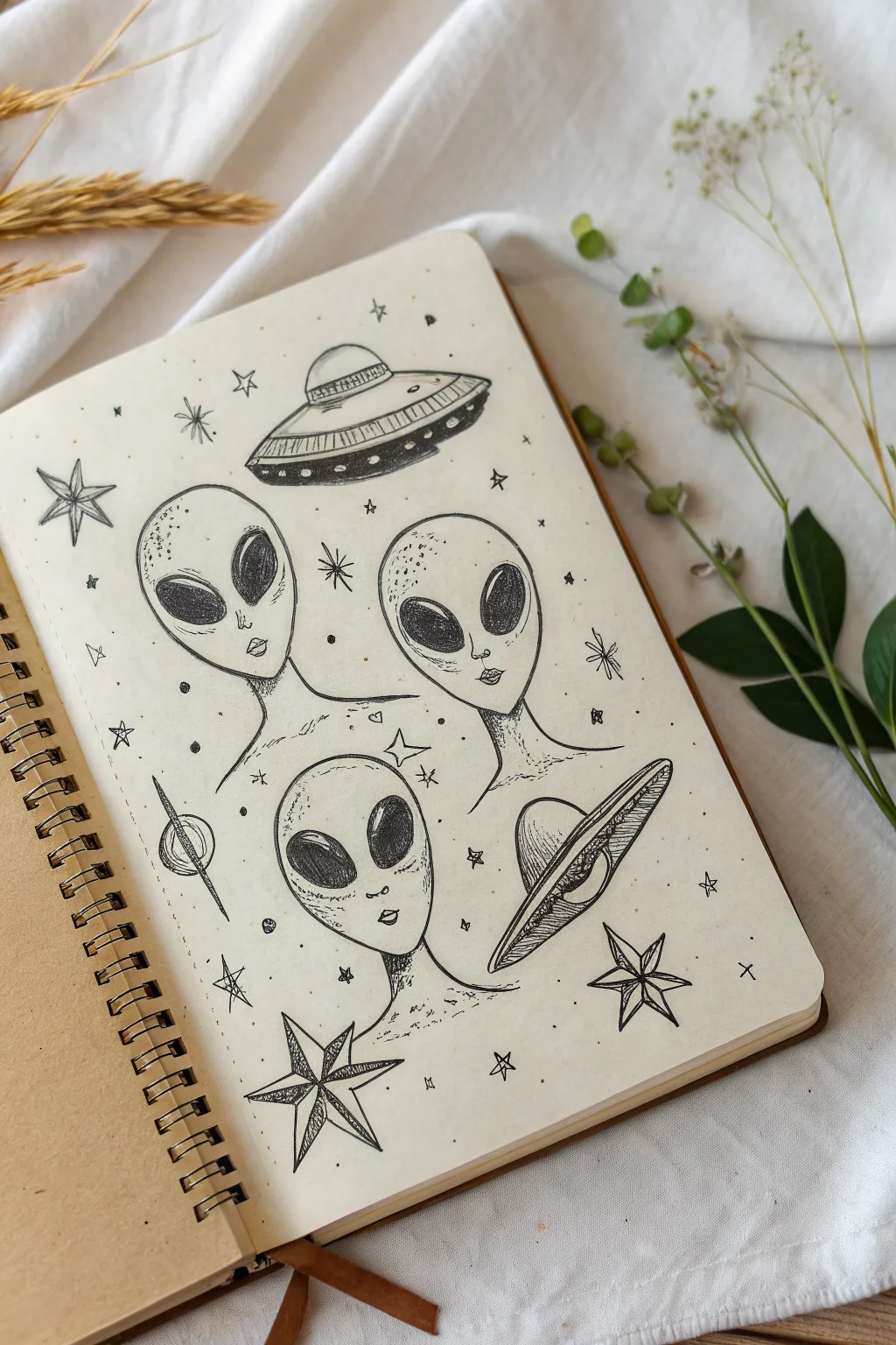 Grunge alien faces and a tiny UFO, sketched in scratchy pencil with bold neon accents.