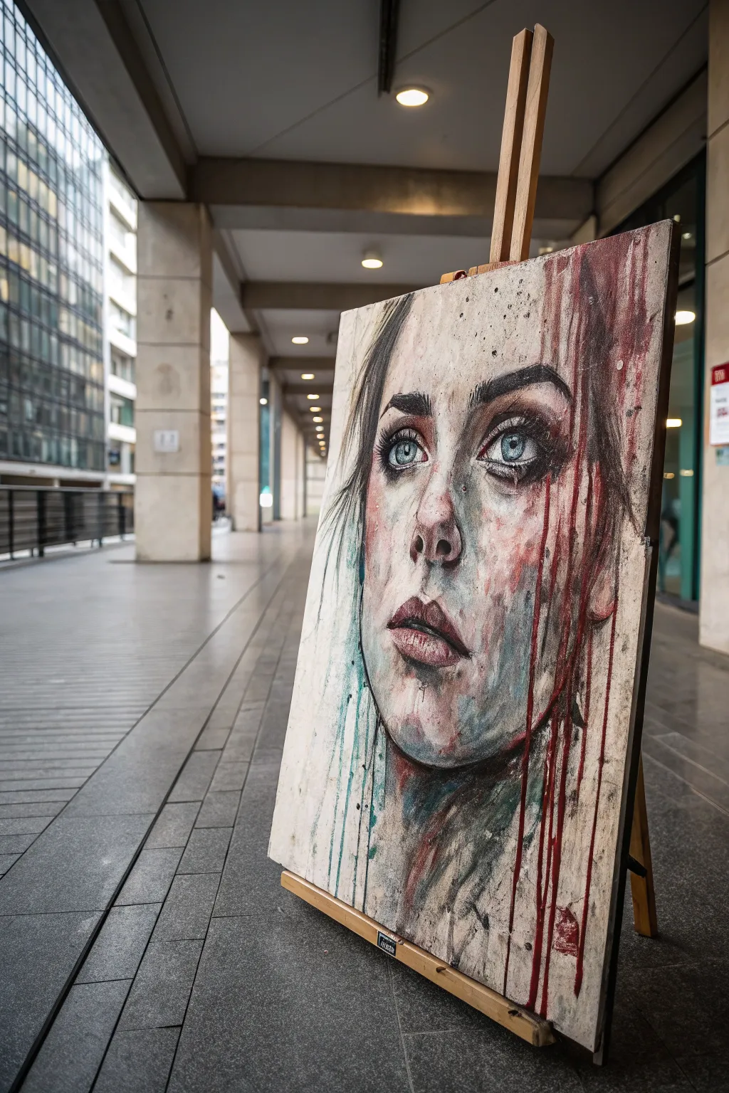 Distorted grunge portrait with an extra eye, gritty drips, and bold color on a minimal canvas