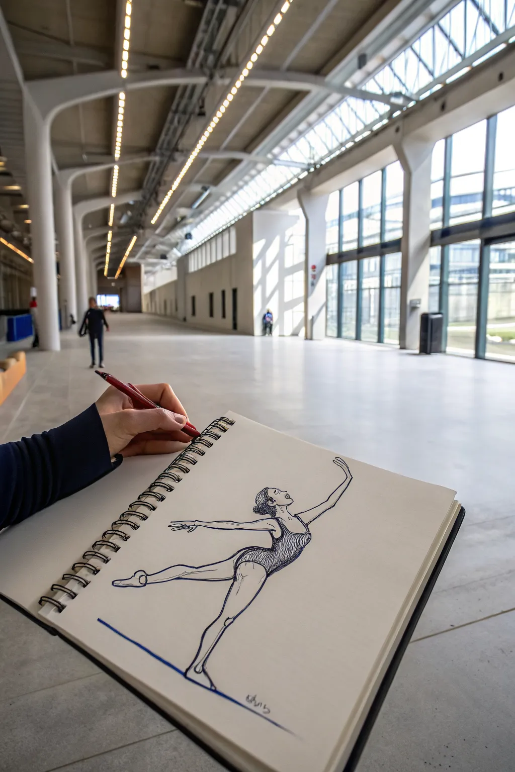 Minimal turn-pose sketch with spotting head, clean lines and bold accents for drawing practice.