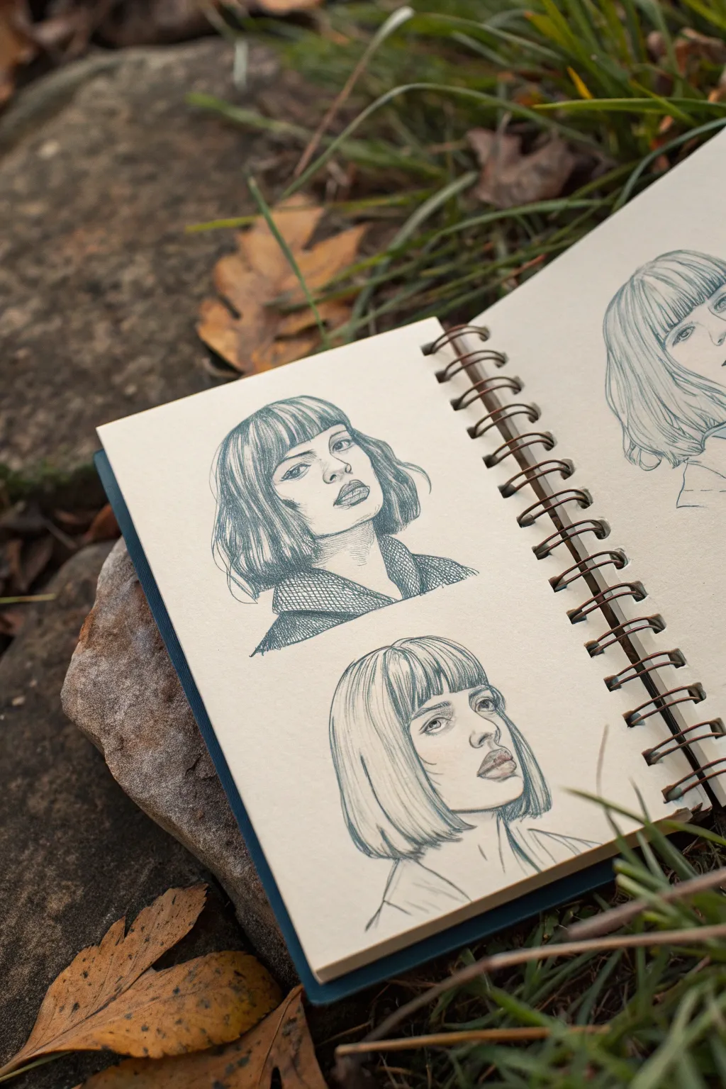 Four fringe styles, one face: blunt, side-swept, curtain, and wispy bangs in bold sketch clumps.