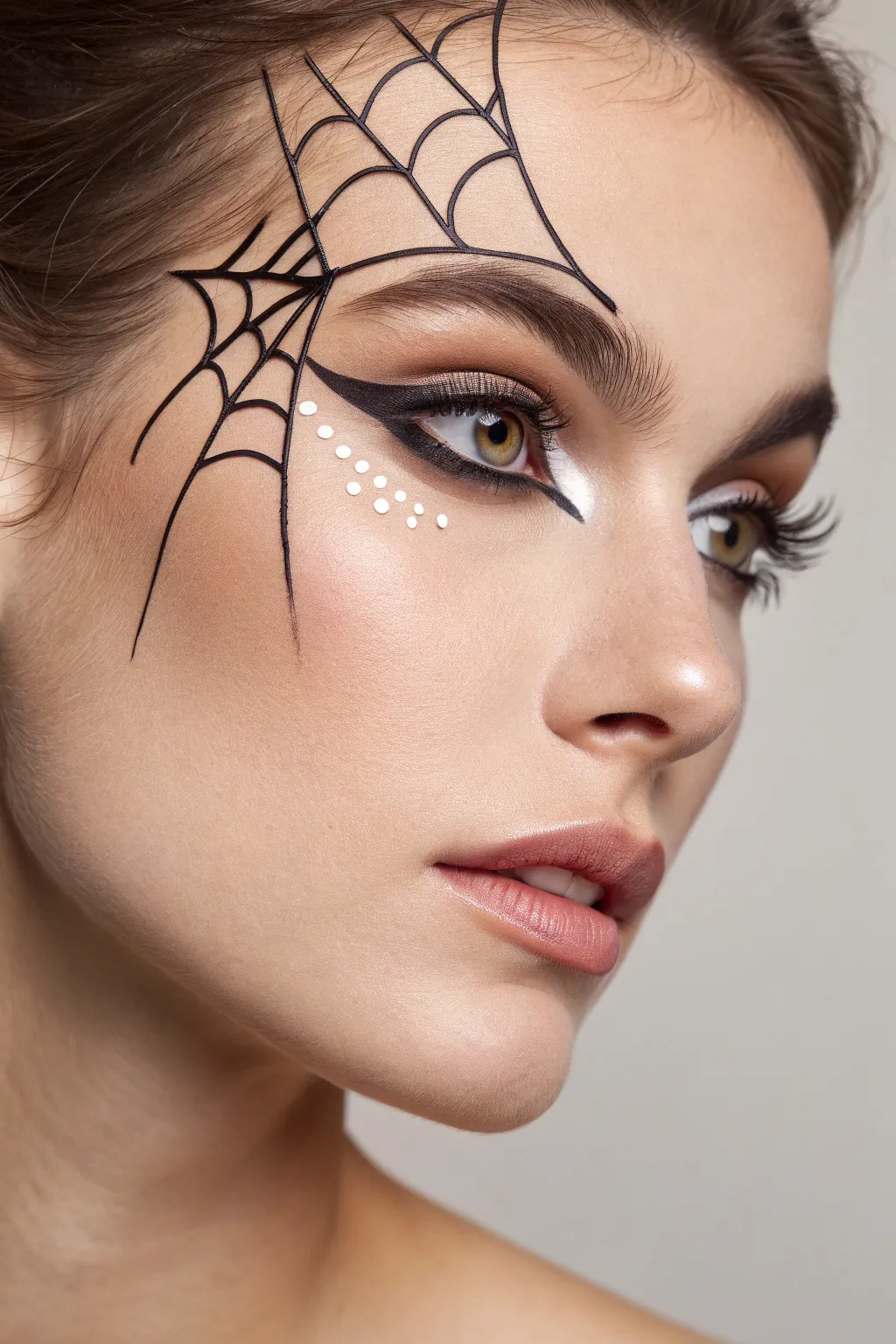 Half spiderweb eye face paint with tiny spider detail, minimalist lines and bold contrast.