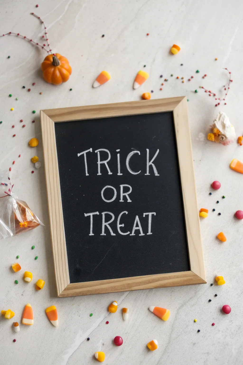 Candy-scatter chalk art with bold Trick or Treat lettering and bright minimalist color pops