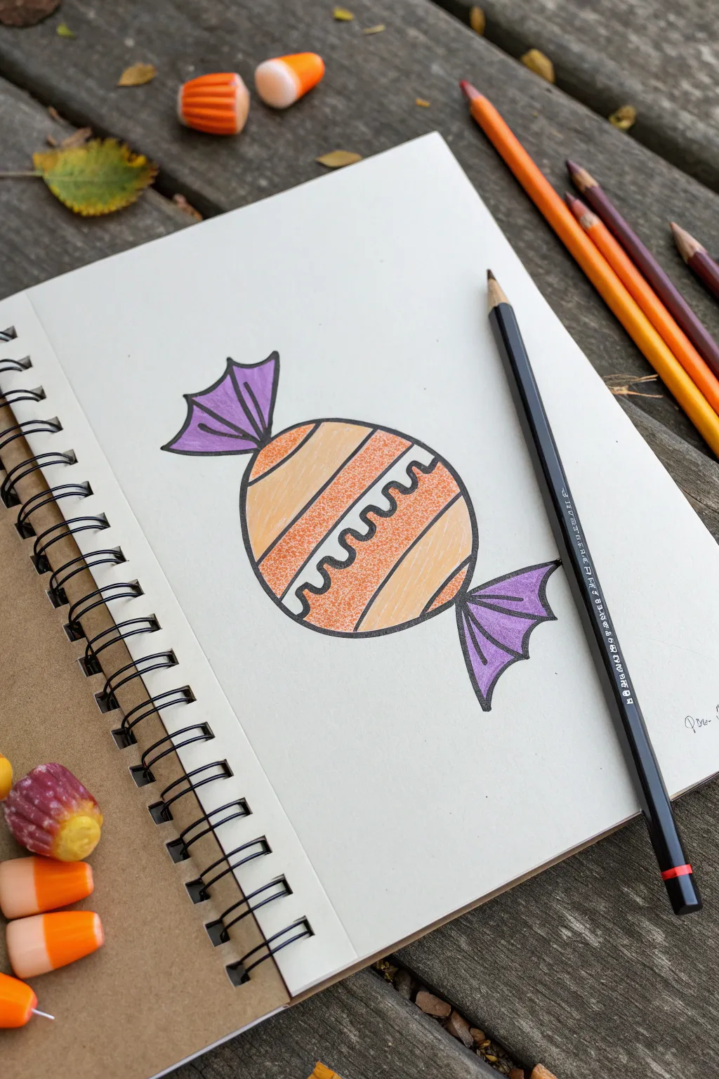 Easy Halloween candy doodle: half outline, half colored for a quick, cute wrapped sweet sketch.