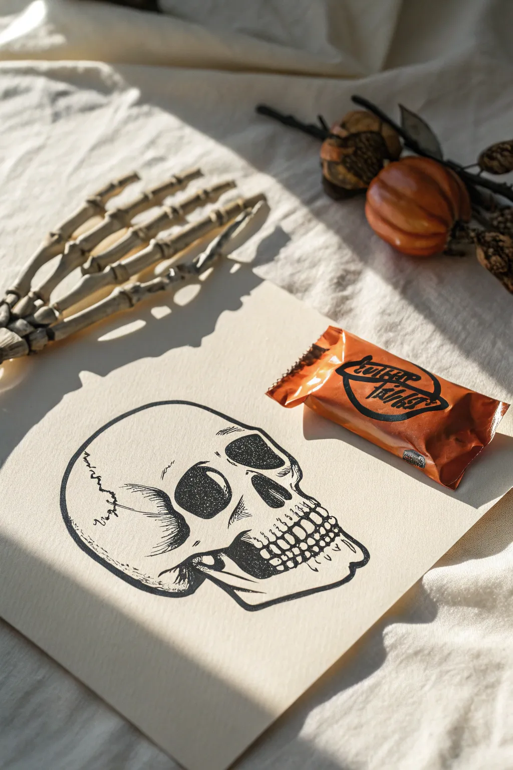 Minimal skull and skeleton hand offering candy, bold shadows and a striking orange accent