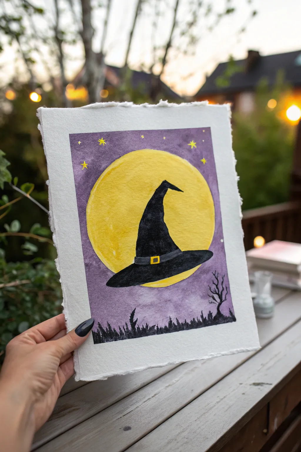 Easy kids Halloween painting: a bold black witch hat silhouette against a glowing yellow moon