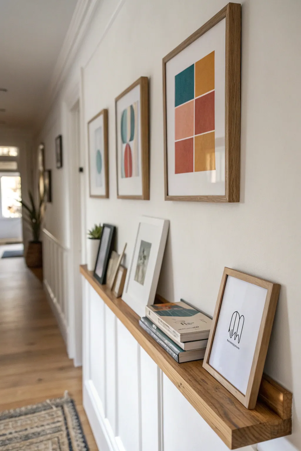 Picture ledge hallway styling with layered art drops for an easy refresh without extra nail holes.